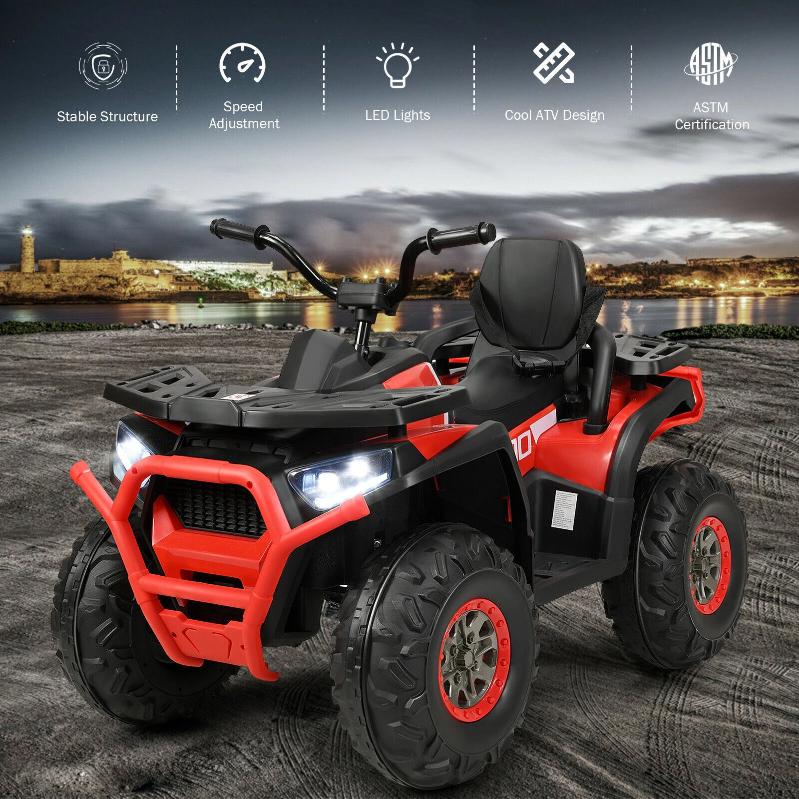 SUGIFT Kids Red 12V Ride On 4-Wheeler ATV Quad with MP3 and LED Lights 44.5-in W 30-in H 110-lb Rider Capacity