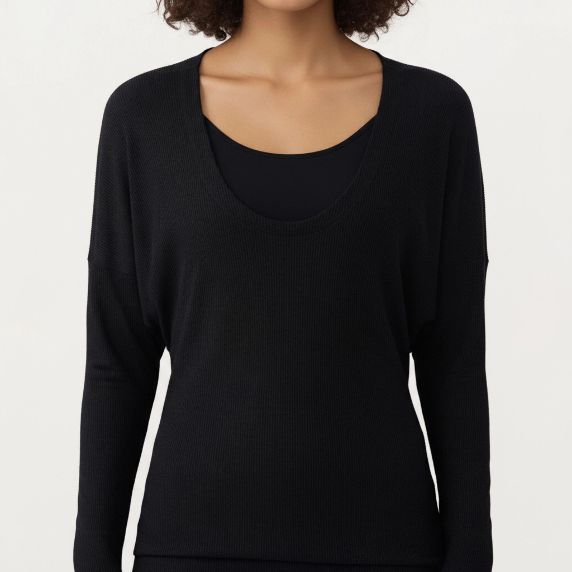 Anna-Kaci Women's Off Shoulder Long Sleeve Top with Soft Stretch Fabric Relaxed Draped Fit and Extended Hemline