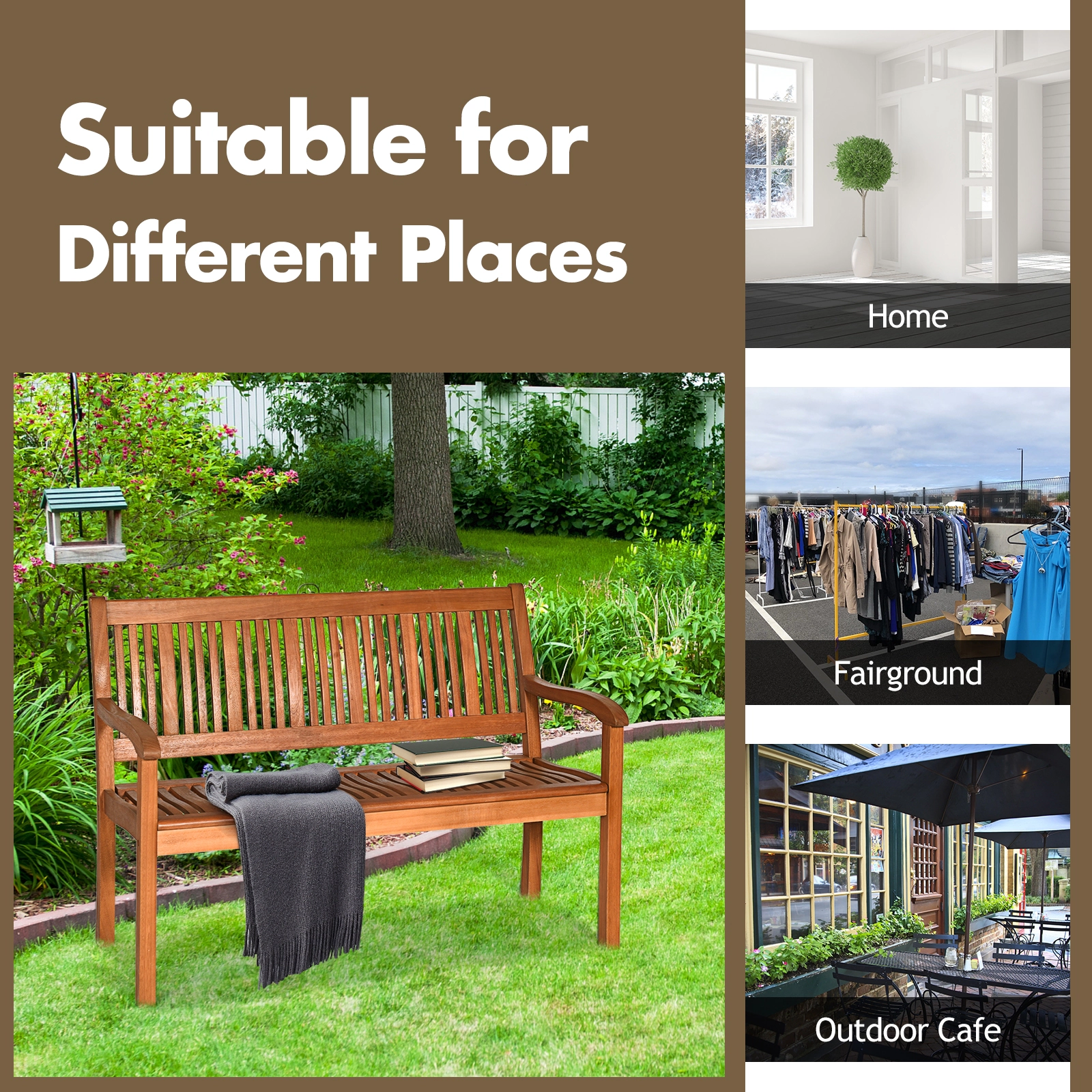 SUGIFT Curved Backrest and Wide Armrests 50 Inch Solid Eucalyptus Wood Garden Bench