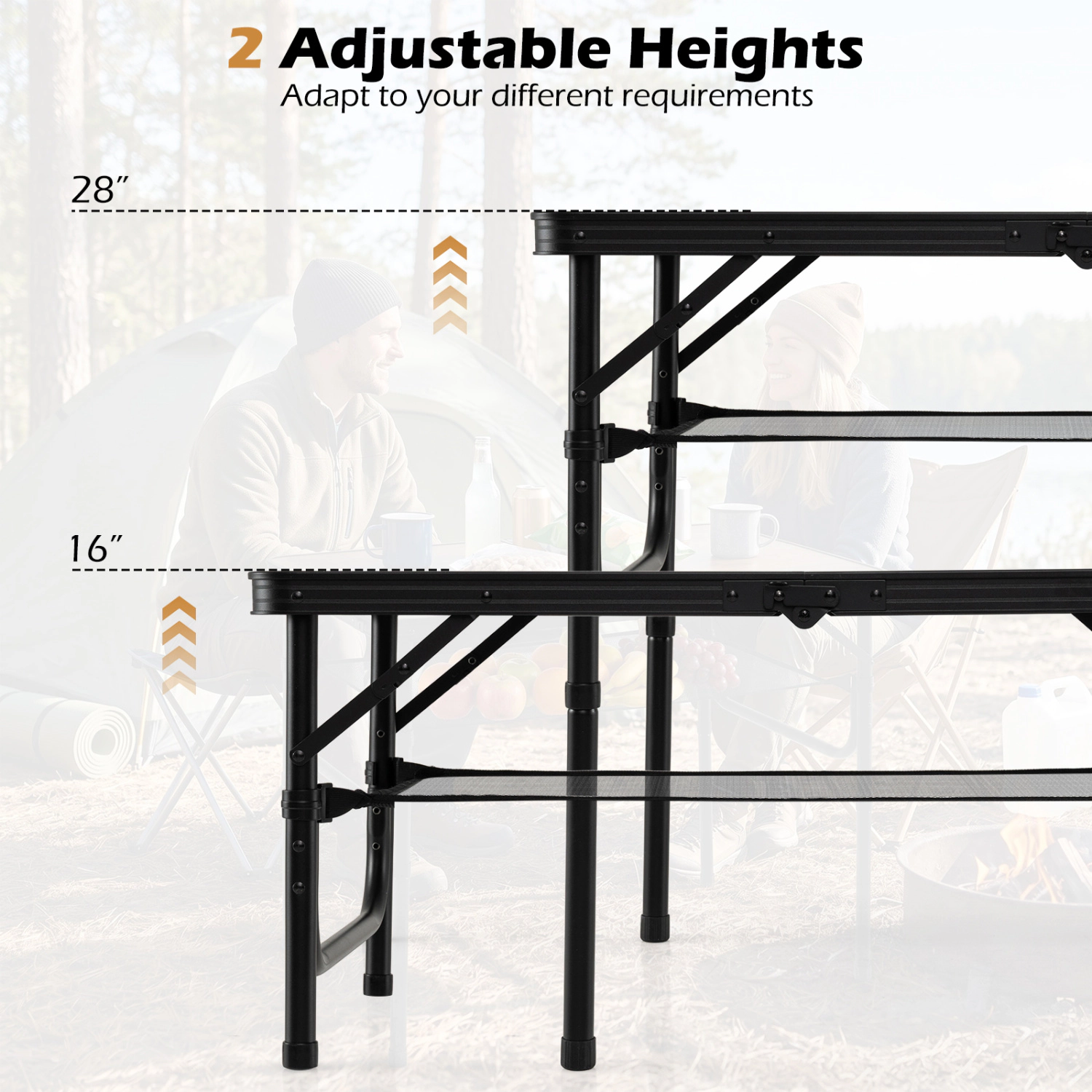 LJG Folding Camping Table with Adjustable Heights Storage Net & Handle