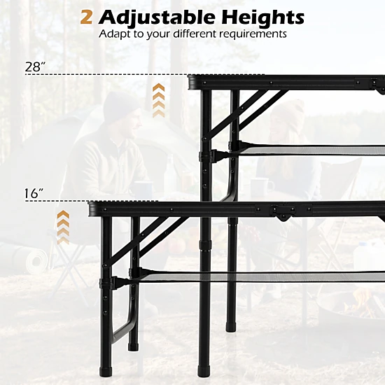 LJG Folding Camping Table with Adjustable Heights Storage Net & Handle