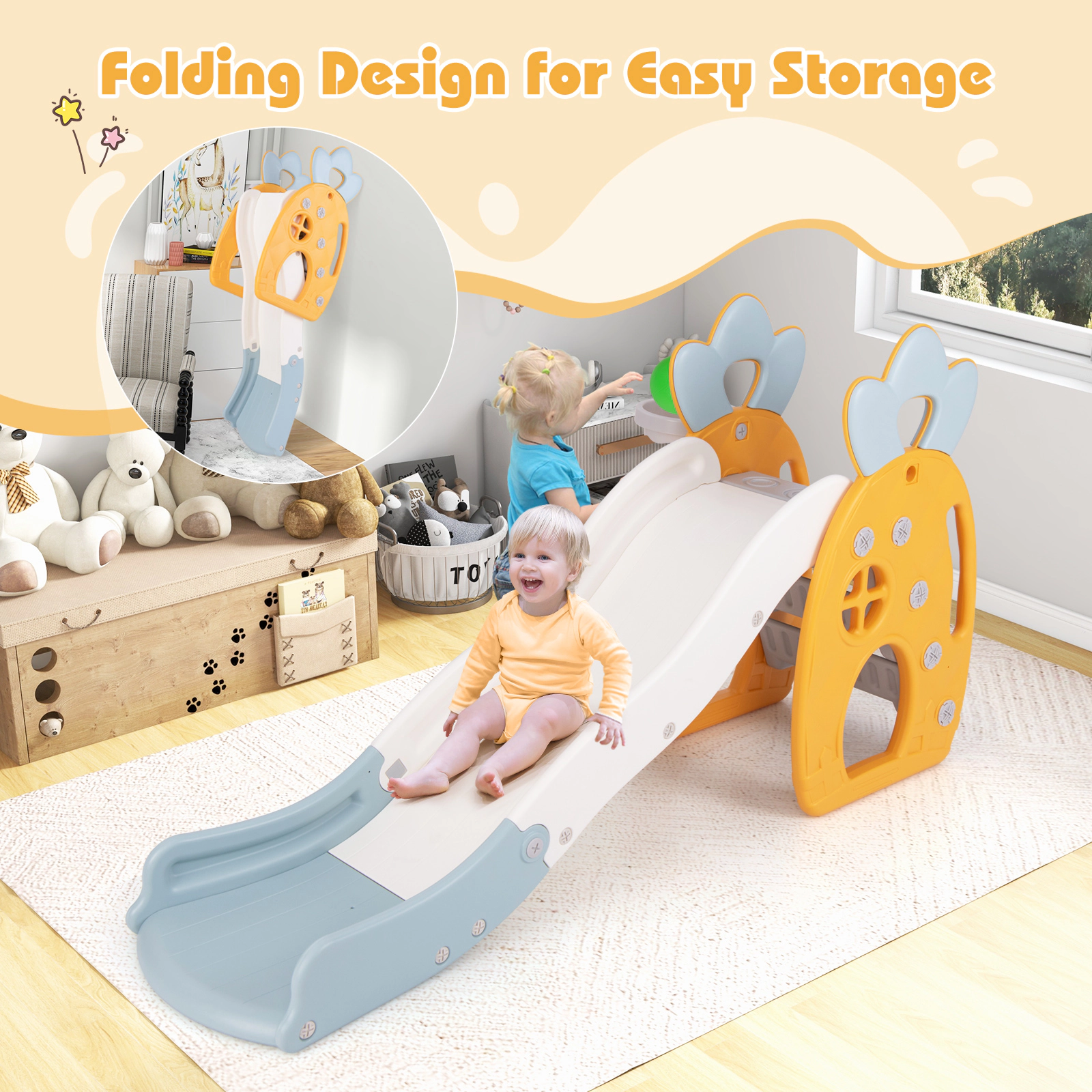 SUGIFT Basketball Hoop and Buffer Zone for Ages 3 and Up Foldable Kids Slide