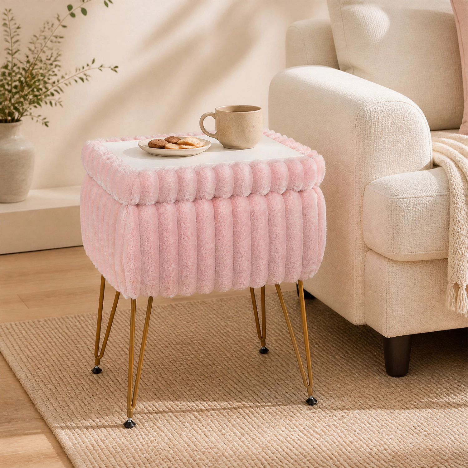 LJG Vanity Stool with Storage and Reversible Lid Faux Fur Upholstered Ottoman
