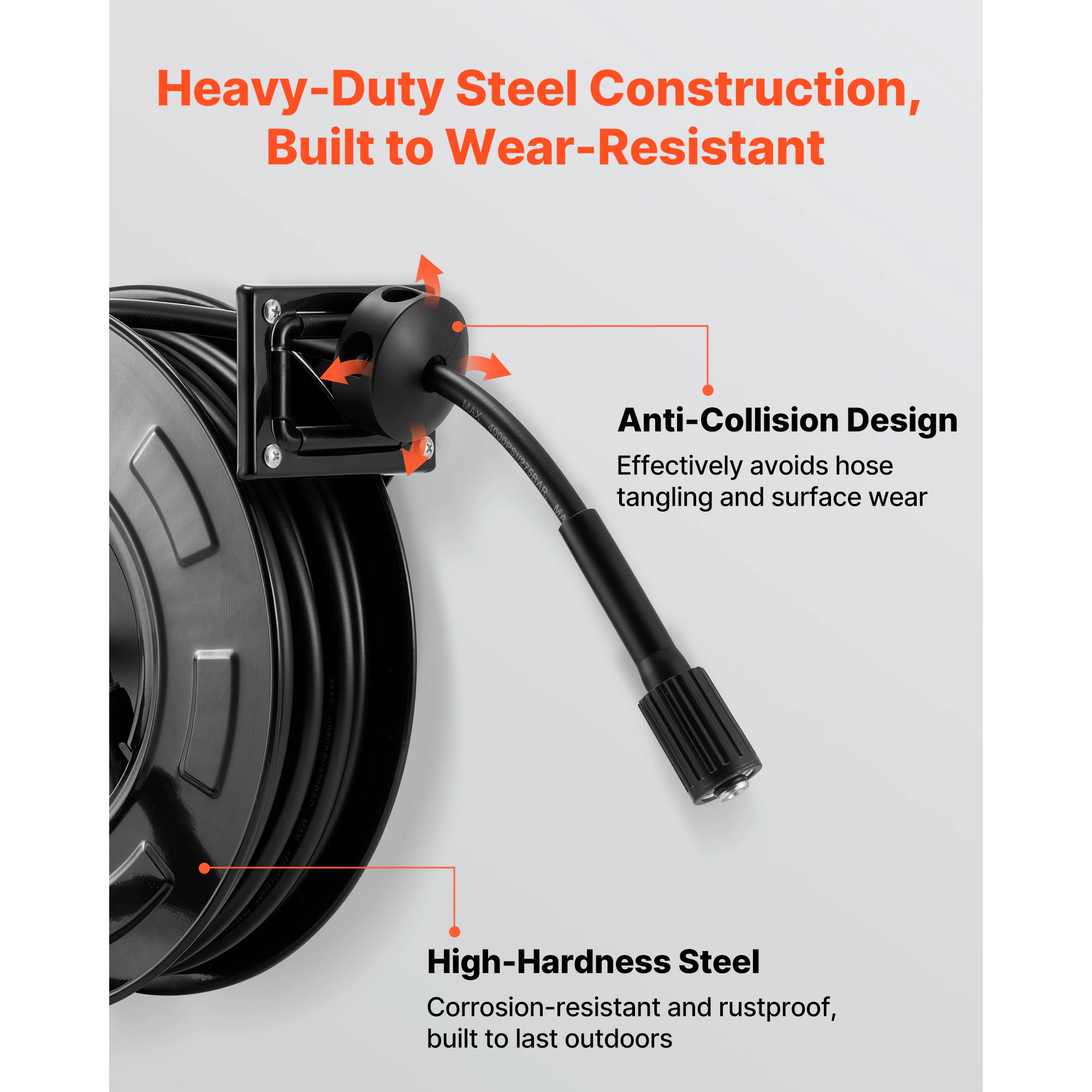 HONGGE Pressure Washer Hose Reel, Auto-Rewind 60 ft x 1/4-inch Steel Reel, 4000 PSI, Wall/Floor Mount