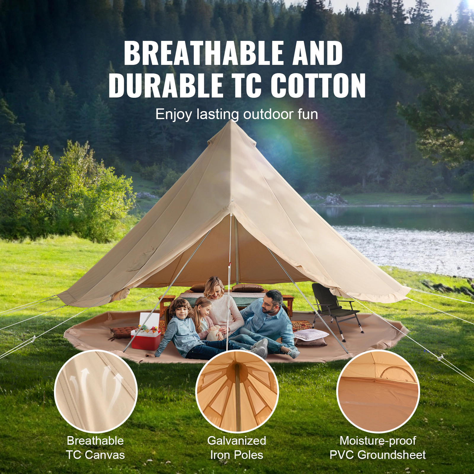 HONGGE Canvas Bell Tent 4 Seasons m/ Yurt Tent Canvas Tent for Camping with Stove Jack Breathable Tent Holds Family