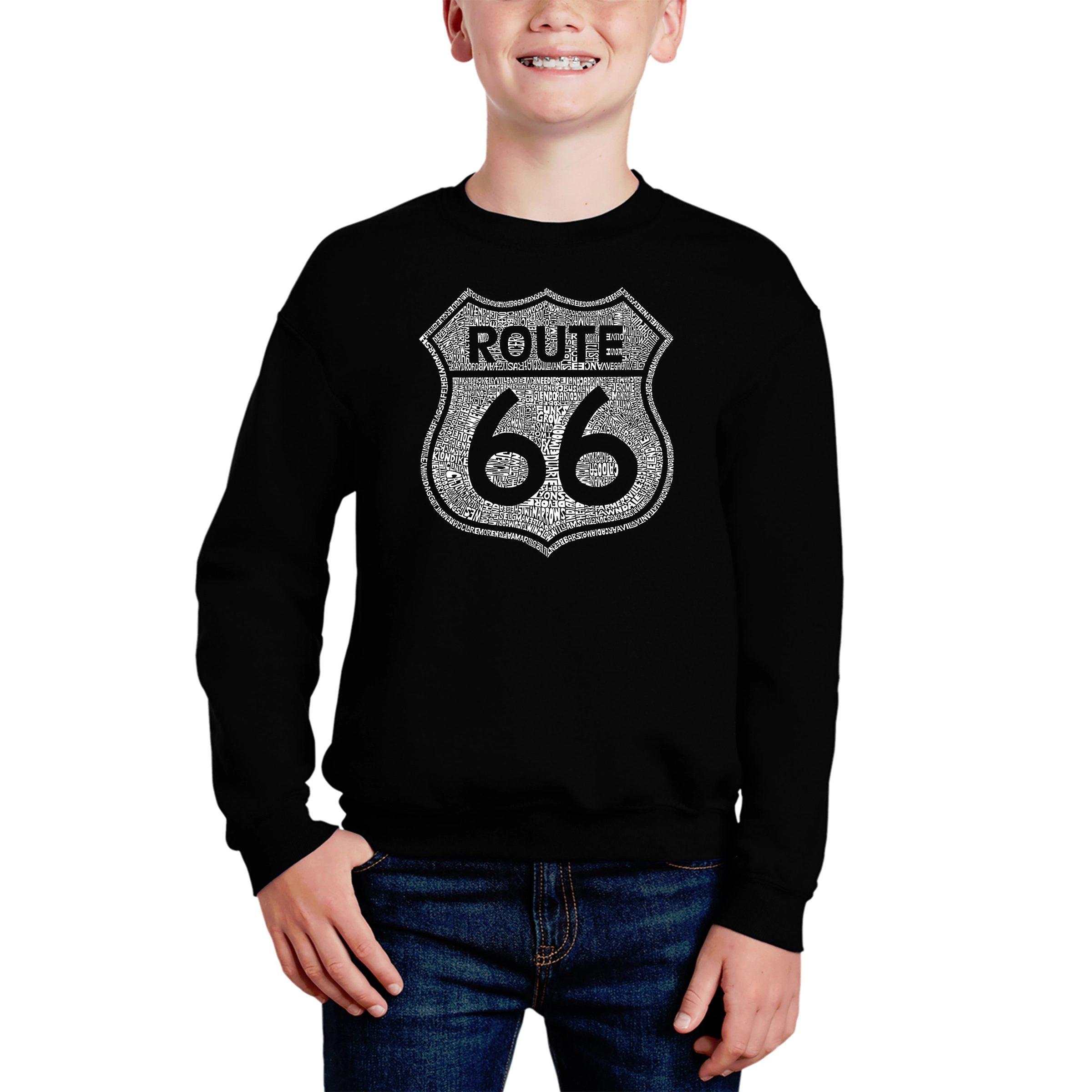 LA Pop Art Boy's Word Sweatshirt - Cities Along The Legendary Route 66