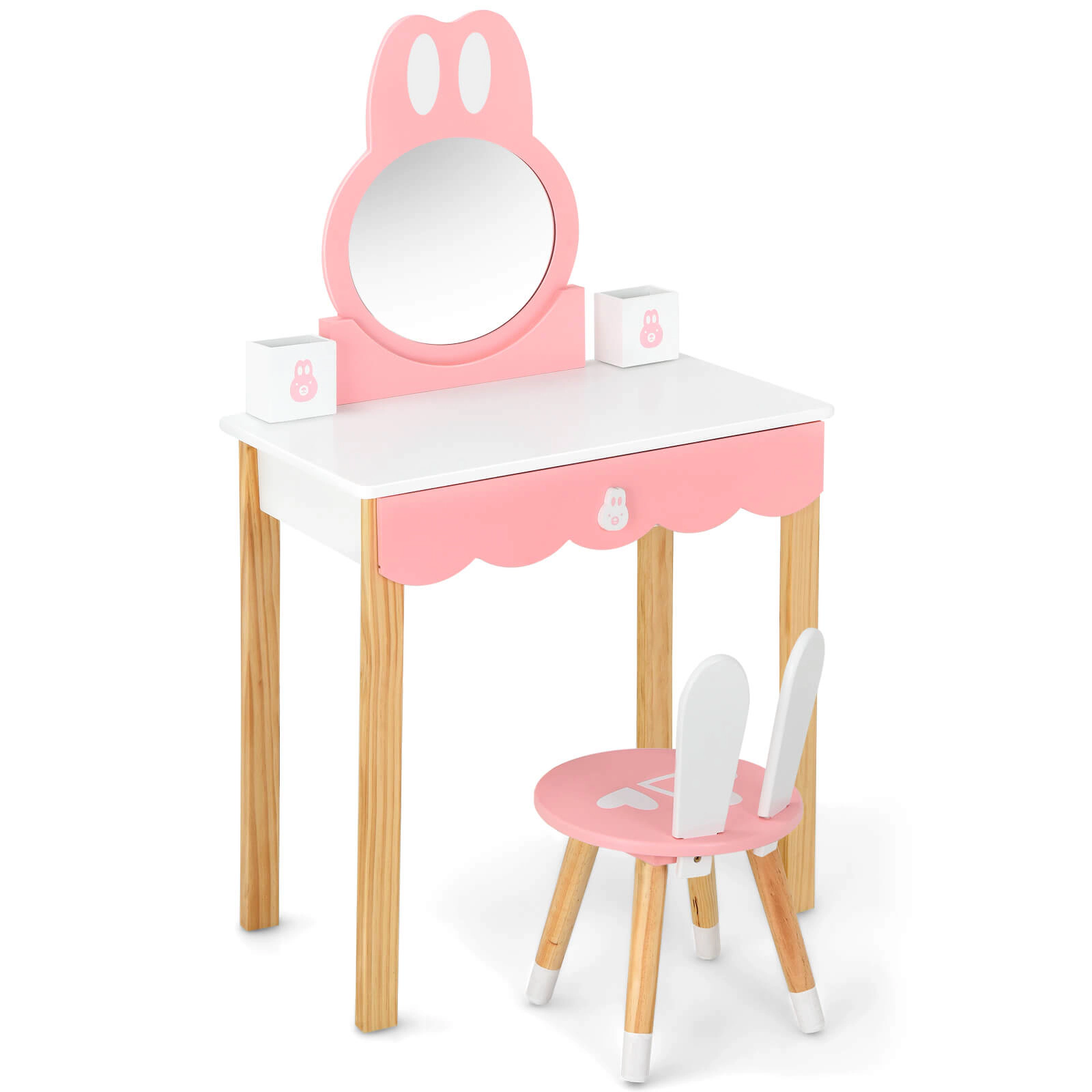 SUGIFT Kids Rabbit Mirror Removable Top Drawer Vanity Table and Chair Set 23.5-in x 13.5-in x 40.5-in 44-lb White