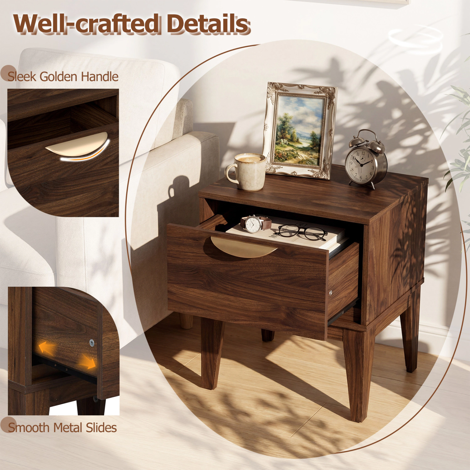 Hivvago Mid Century Modern Bedside Table with Drawer and Tapered Support Feet for Bedroom