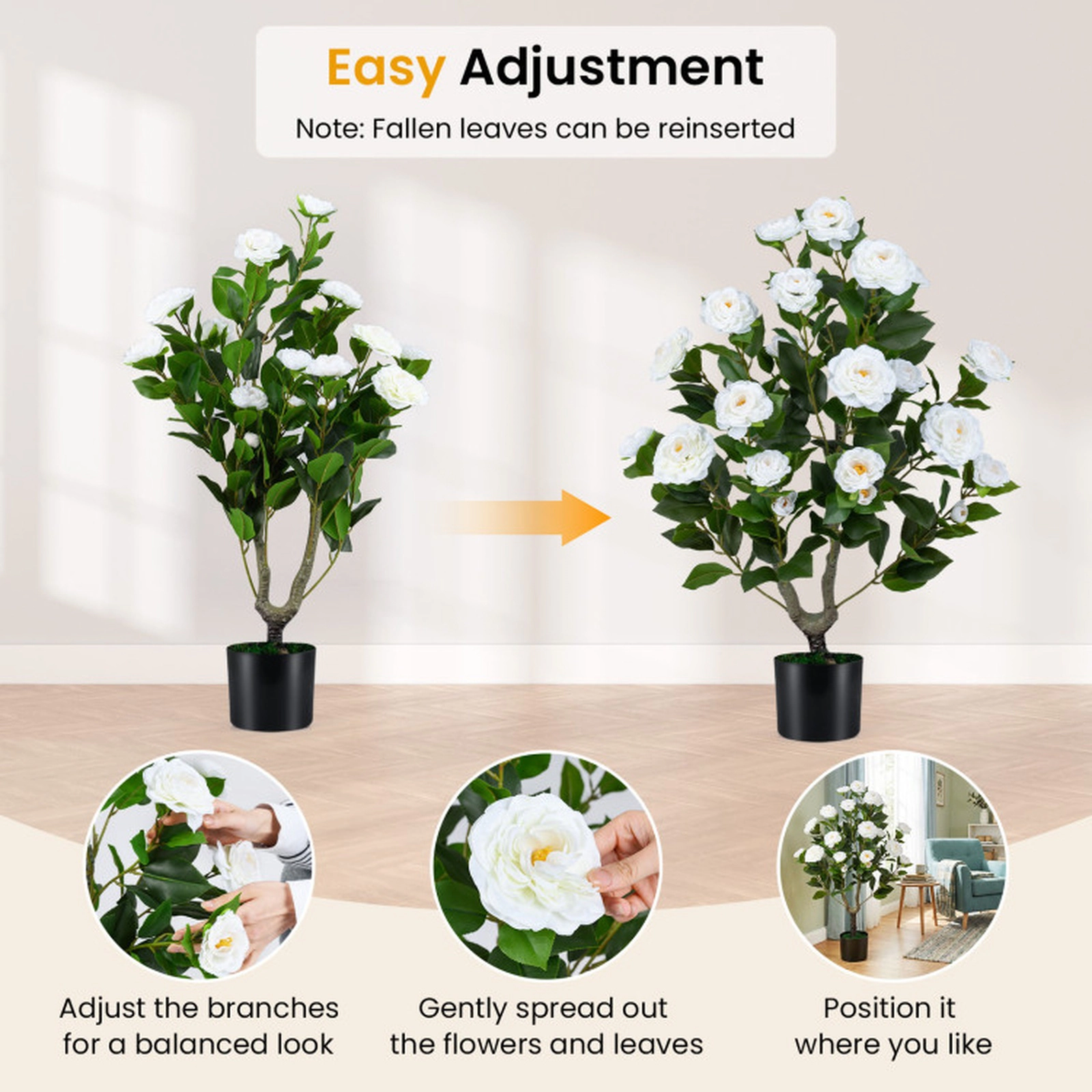SUGIFT Set of 2 35.5-in White Artificial Camellia Trees with Faux Flowers and Cement-Filled Pots