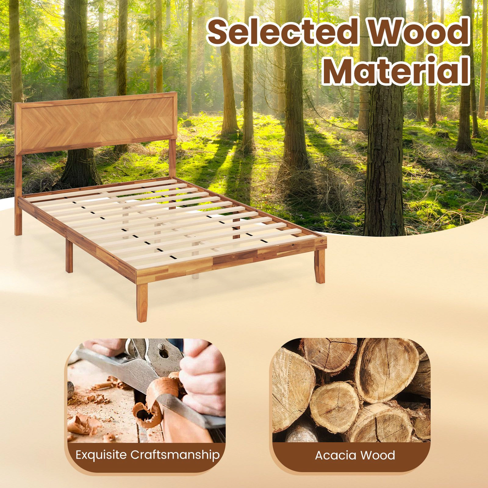 SlickBlue Wooden Platform Bed Frame with Headboard and Slats