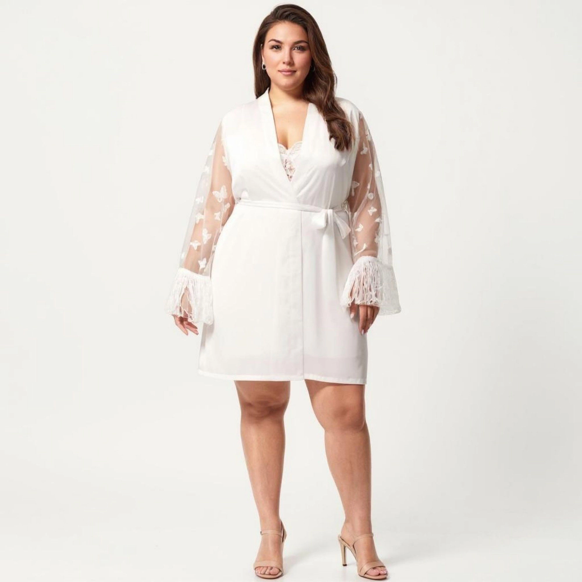 Anna-Kaci Women's Plus Sheer Mesh Lace Trim Robe Lightweight Long Sleeve Sleepwear
