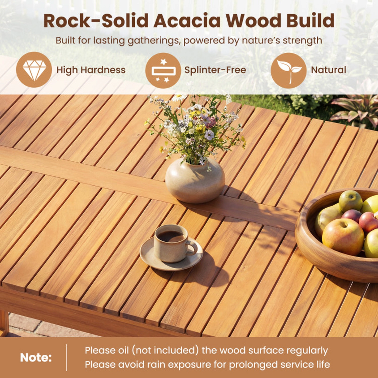 SUGIFT 49-in 165-lb Capacity Acacia Wood Outdoor Dining Table with Slatted Top and Metal Corner Braces