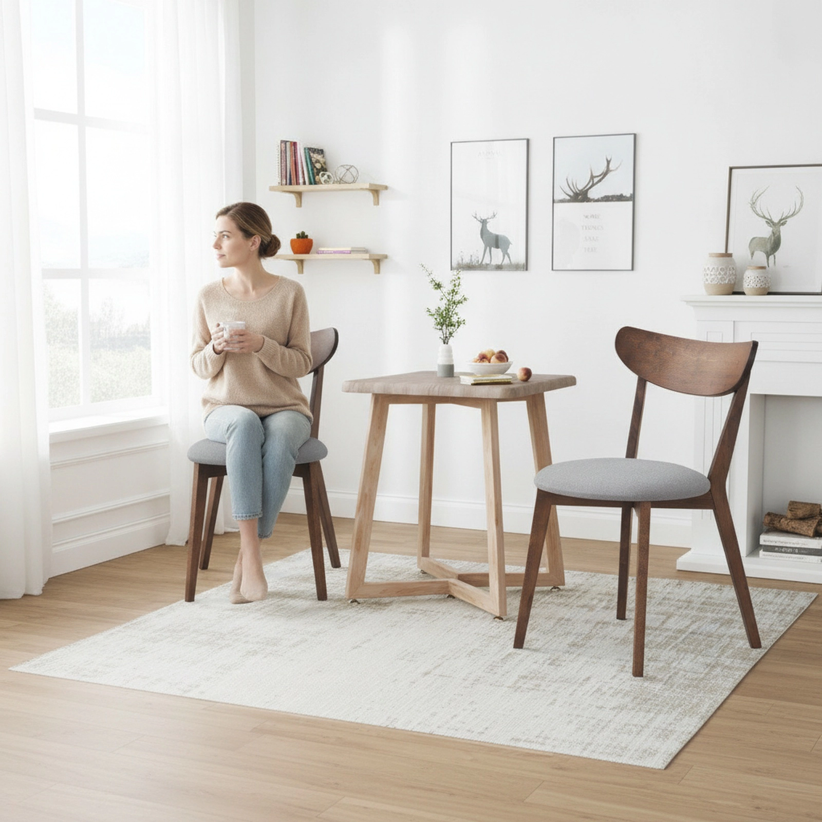 SUGIFT Set of 2 Upholstered Dining Chairs, Curved Back, Walnut