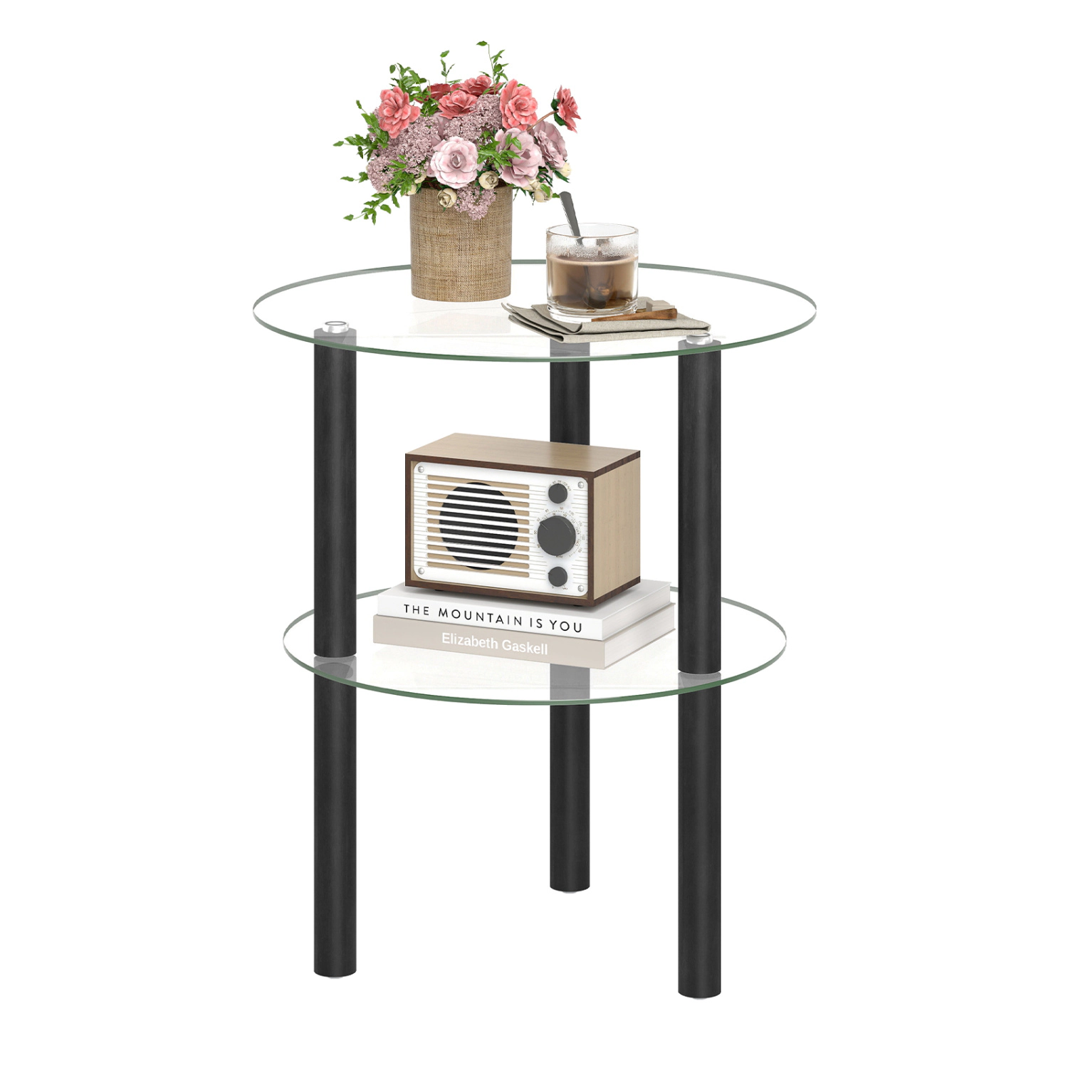 Glintex Round 2-Tier Clear Glass End Table with Rubber Wood Legs and No-Tool Setup
