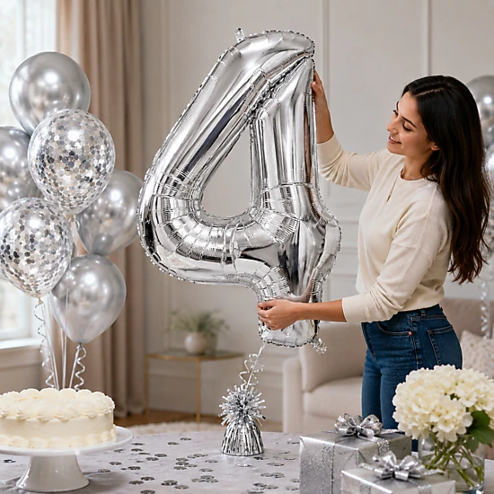 LoonBalloon 34 in Silver Number 4 Foil Balloon Set with 8 Latex ...
