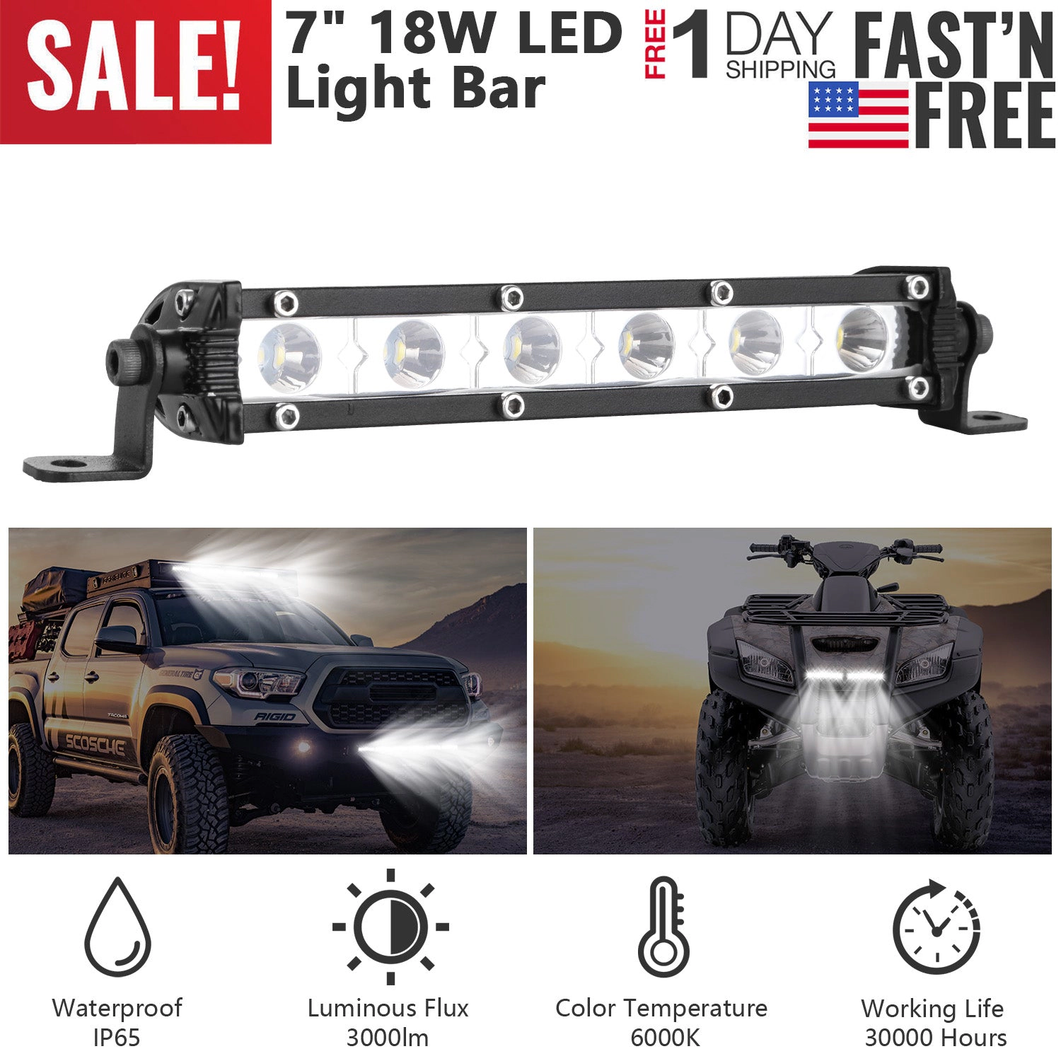 GBruno 7-Inch 18W LED Light Bar For Truck Boat