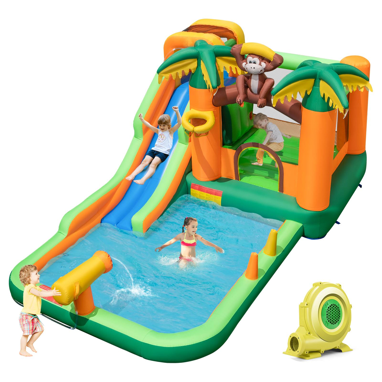 SUGIFT Monkey Themed Jumping Area Splash Pool and 680W Blower Kids Inflatable Water Slide