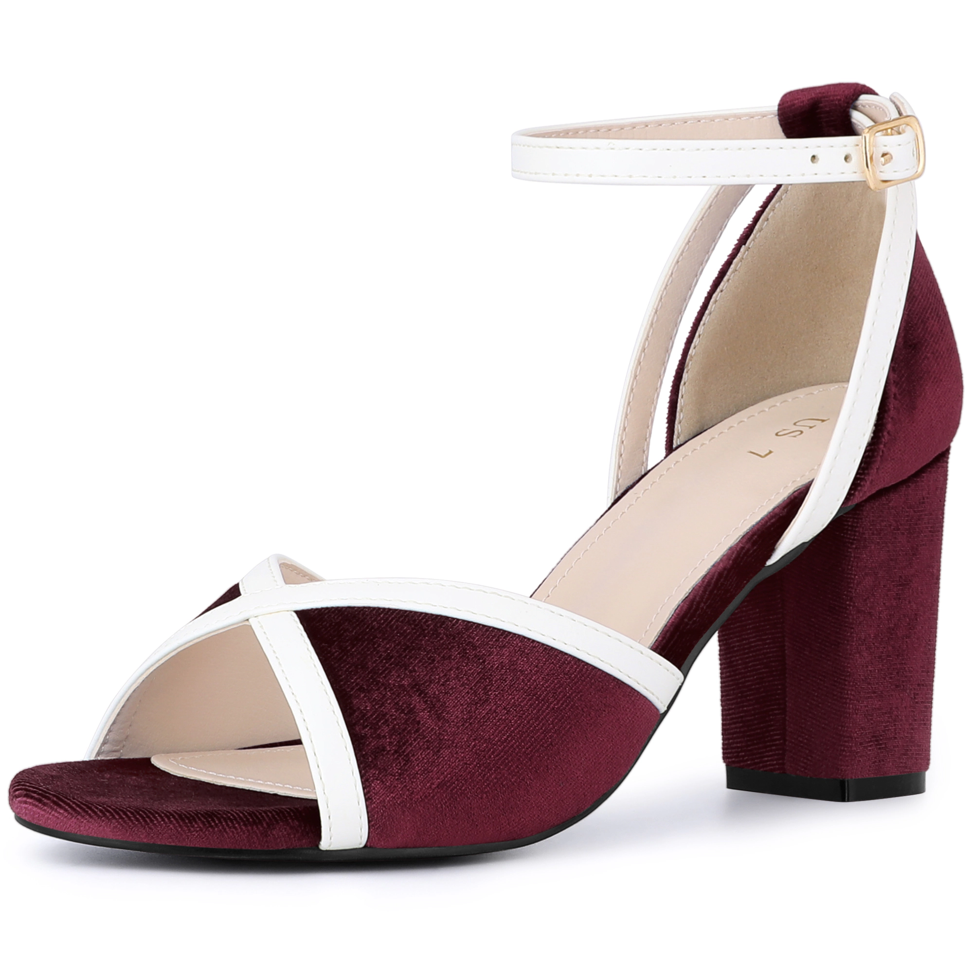 BLISSFUL STEP Women's Ankle Strap Open Toe Chunky Heel Velvet Sandals