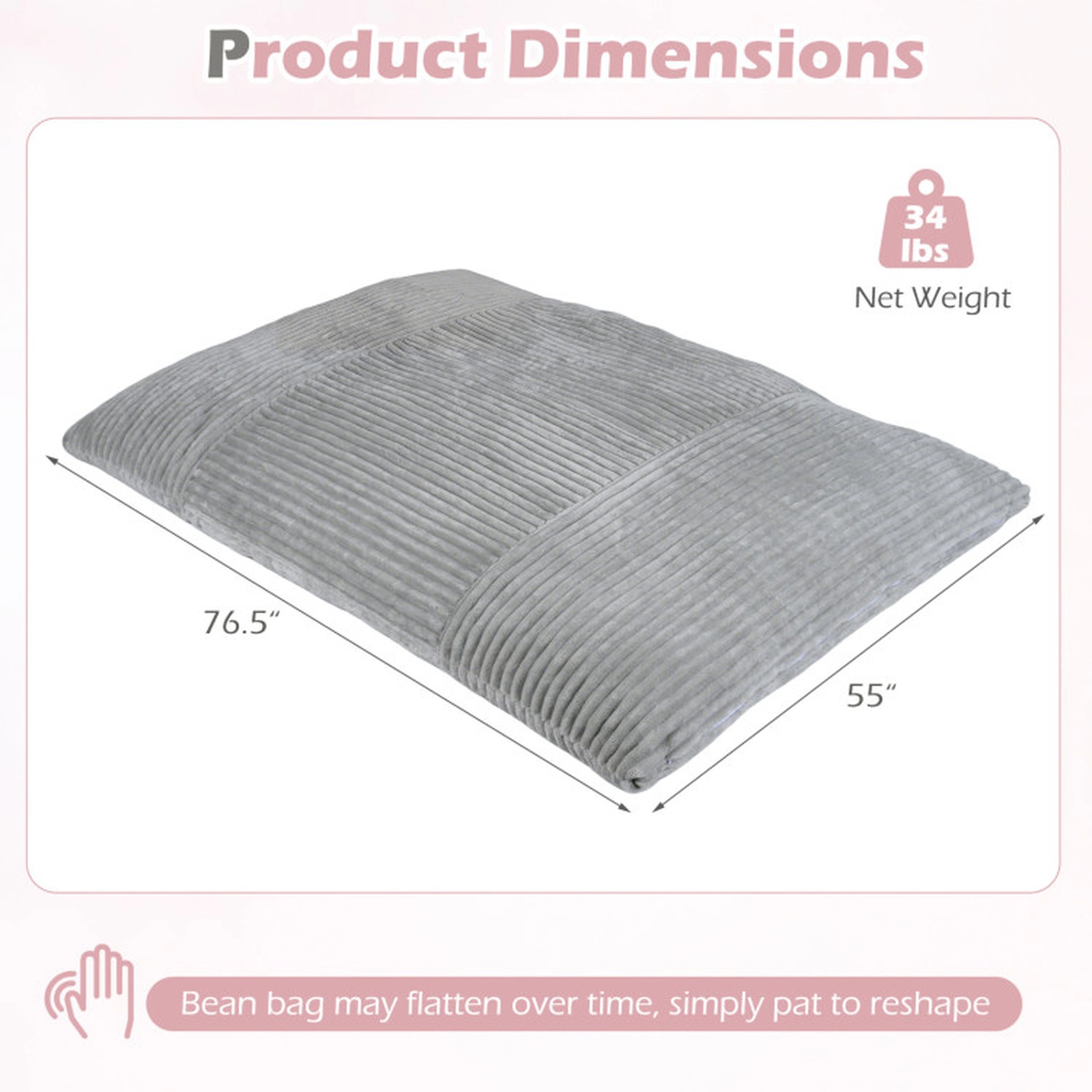 SUGIFT Convertible Bean Bag Floor Sofa and Bed Accent Chair with Machine-Washable Corduroy Cover 76.5-in Long Gray