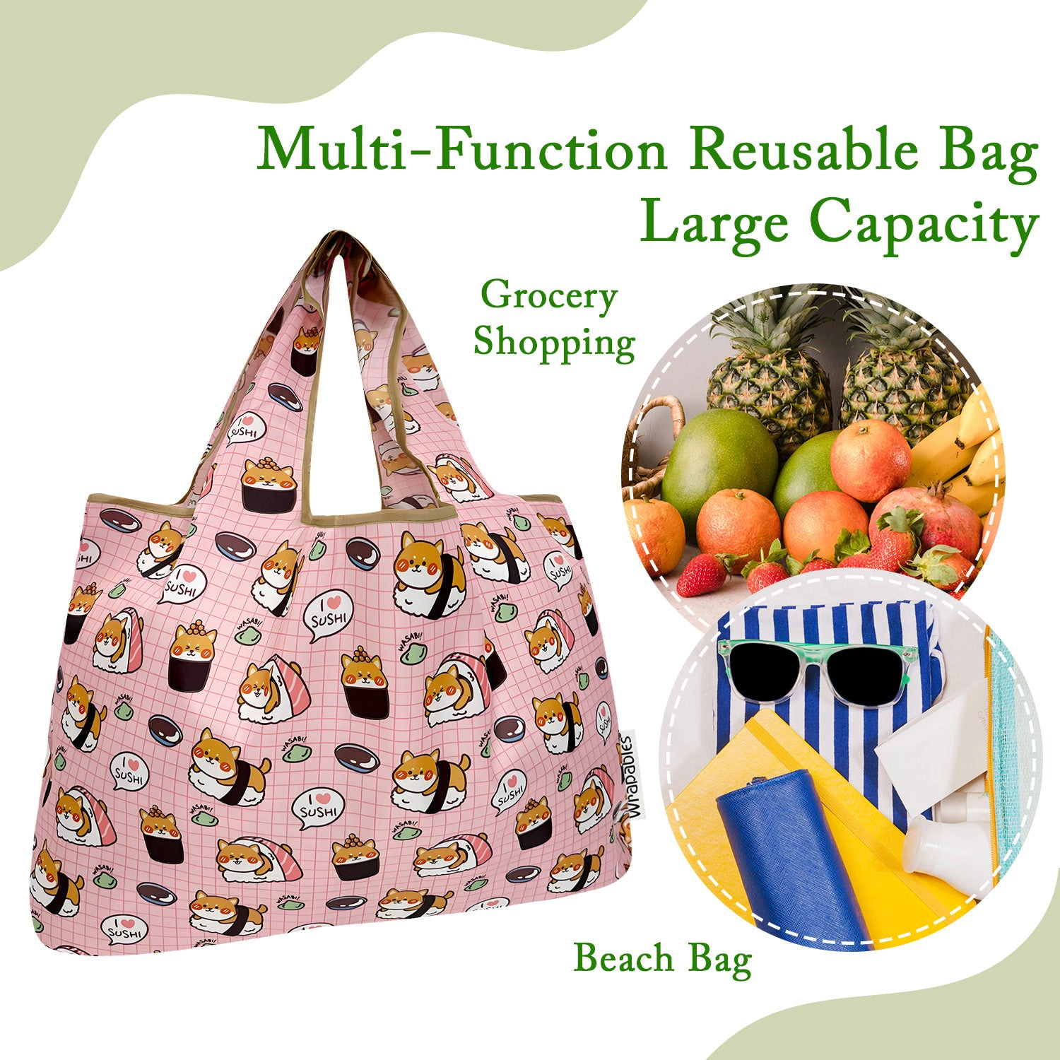 Wrapables Large Nylon Reusable Shopping Bags for Groceries (Set of 3), Dogs and Penguins