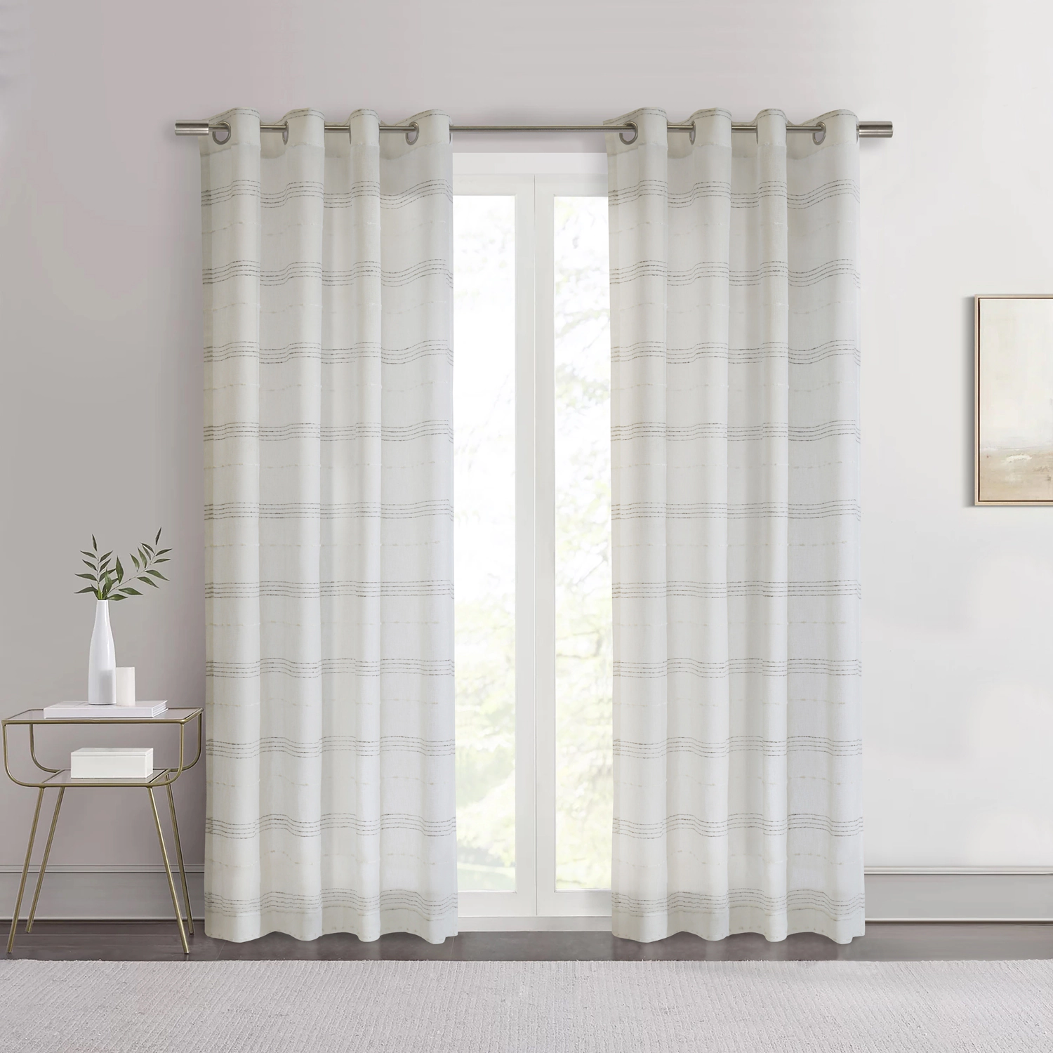 Habitat 100% Polyester Jasper Sheer Faux Linen Stripe Grommet Curtain Panel 52" x 63" White