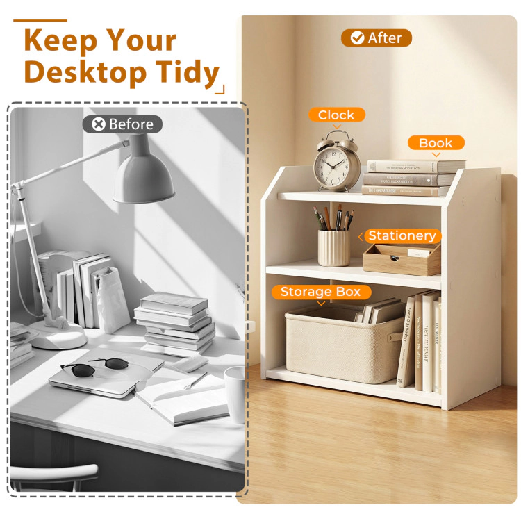 Hivvago 3-Tier Desktop Bookshelf Wooden Countertop Bookcase with Raised Top Guardrails