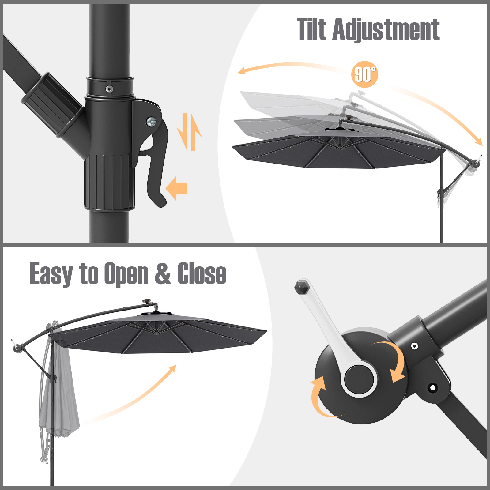 SUGIFT 10-ft Gray Offset Hanging Patio Umbrella with 40 Cool White Solar Lights and Vented Double Top