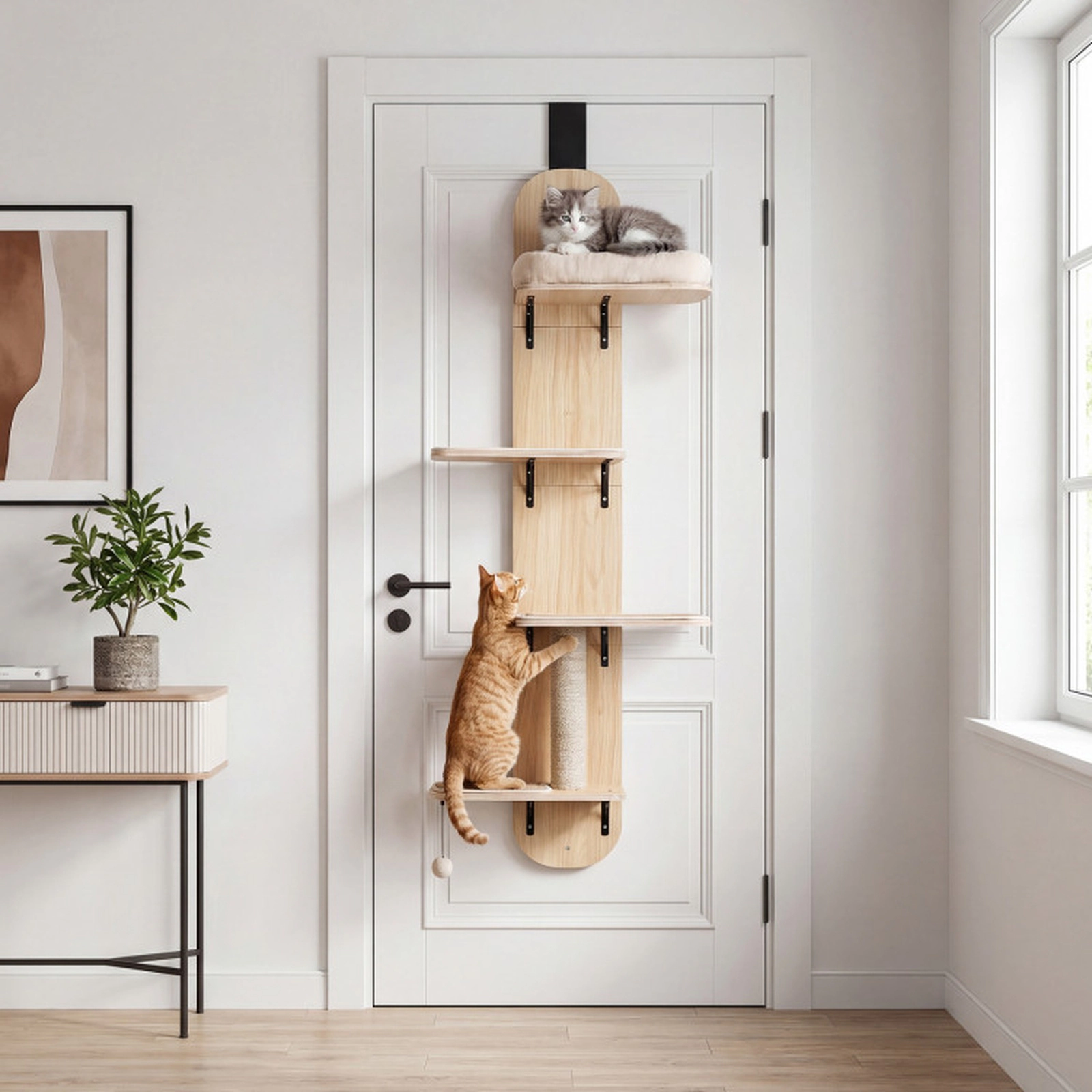 SUGIFT 5-Level Adjustable Door Hanging Cat Climber with Plush Bed 11-lb Capacity Beige + Natural/Gray + Natural