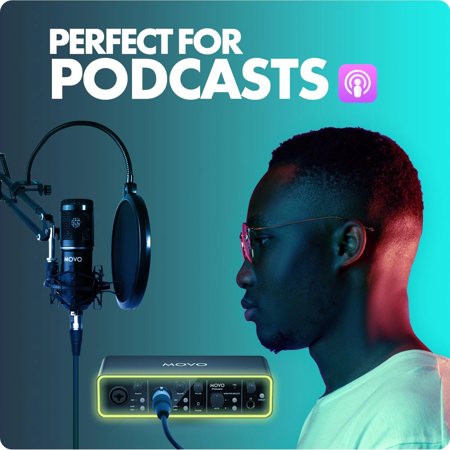 Movo PodKit2A Podcast Equipment Bundle for 2 Condenser Microphone Kit with Phantom 2x2 USB-C Audio Interface