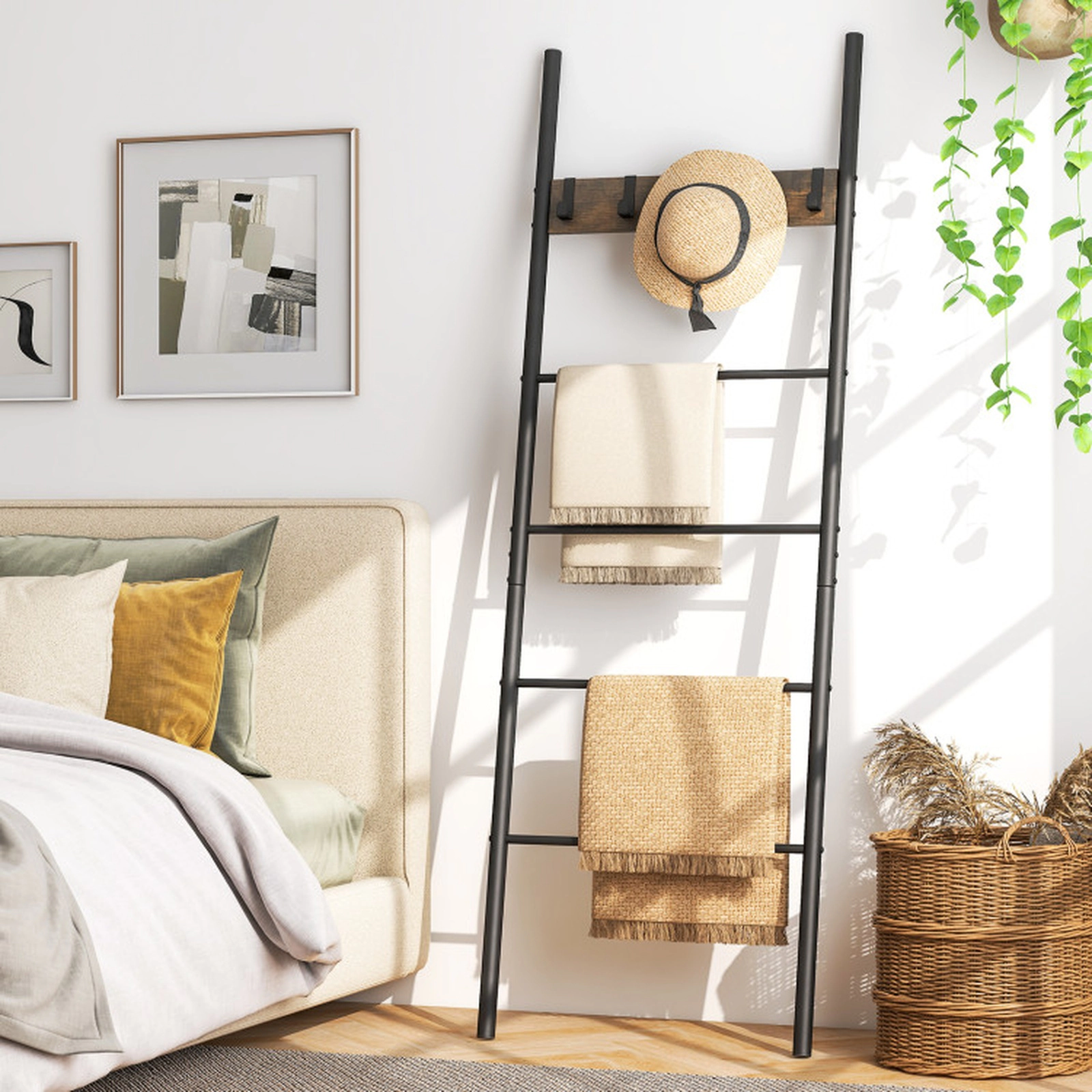 SUGIFT Wall-Leaning 4 Hanging Bars 5 Removable Hooks Blanket Ladder Rack 23.5-in x 70.5-in 45-lb Capacity Rustic Brown
