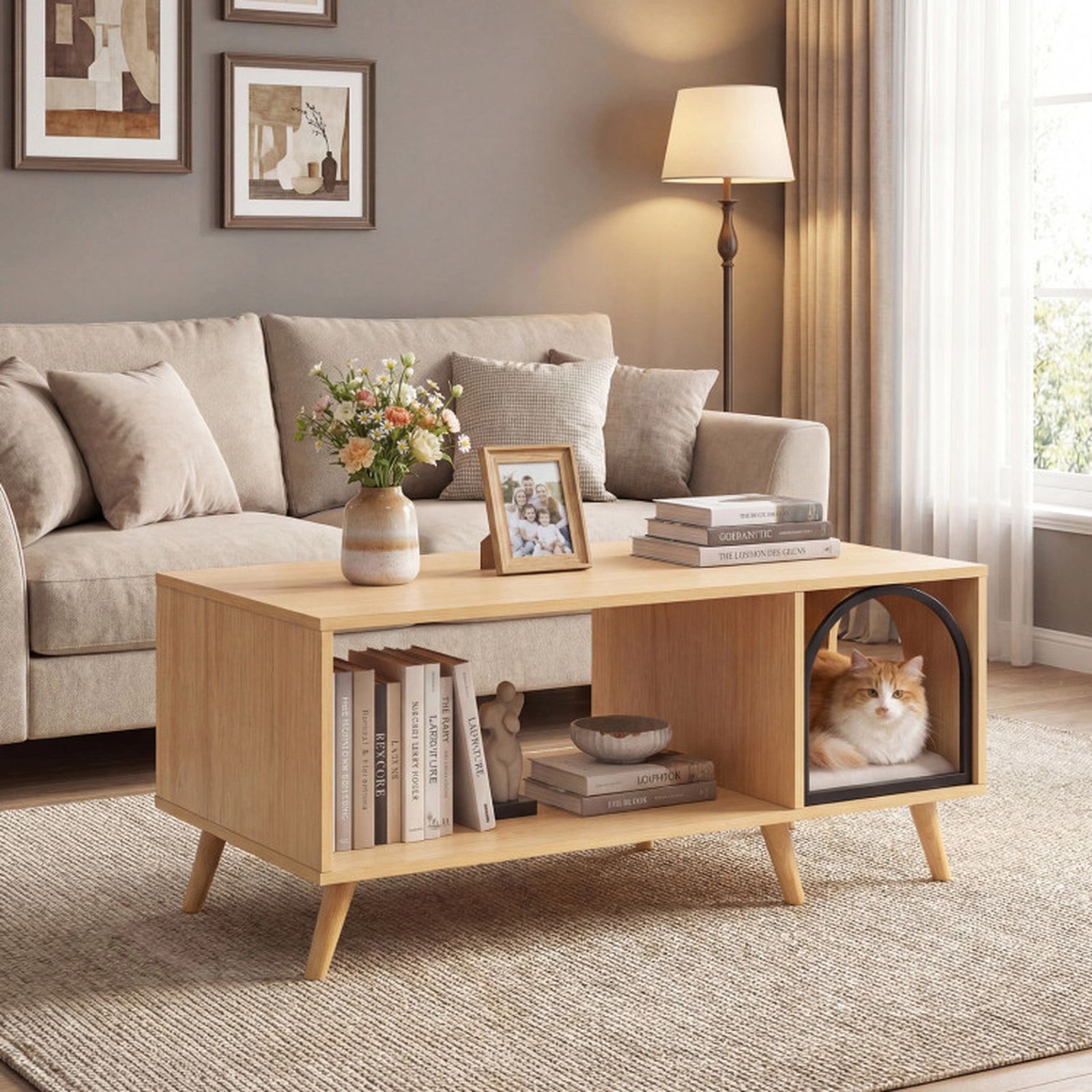 SUGIFT Natural 2-in-1 Coffee Table Cat House with Open Shelf 40-in W 20-in D 18-in H 88-lb Tabletop Capacity