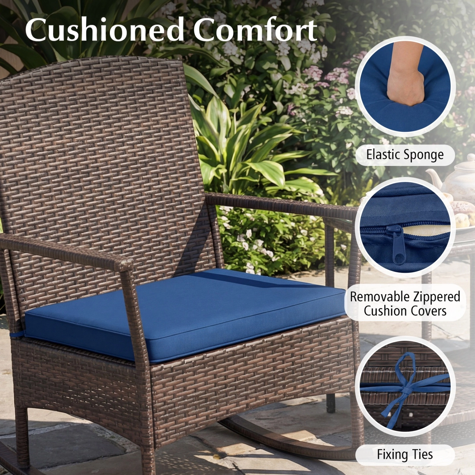 SUGIFT 3 Piece PE Rattan Patio Rocking Conversation Set 400-lb Rocking Chairs & 2-Tier Tempered Glass Coffee Table Navy