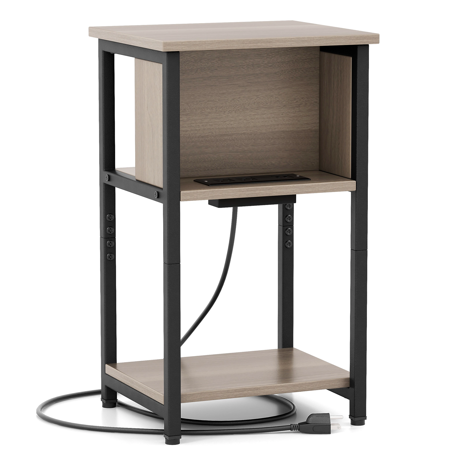 SUGIFT 3-Tier End Table with Hidden Power Strip 176-lb Total Capacity Gray & Black Engineered Wood and Metal 1 Piece