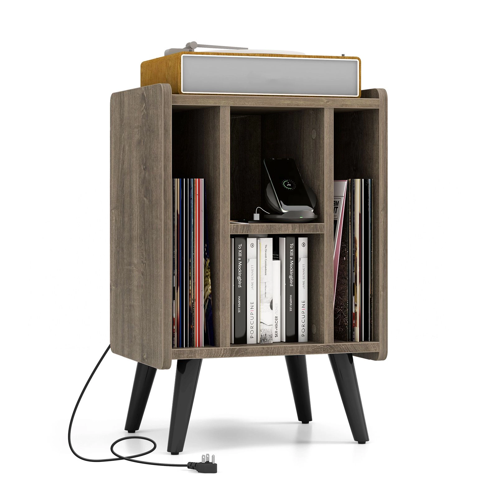 SlickBlue Vinyl Record Storage Stand with Charging Station Shelves