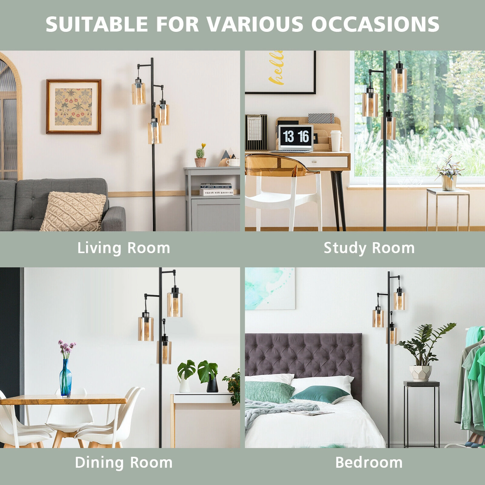 SUGIFT 3-Head Amber Glass Shade Foot Switch Retro Floor Lamp 64.5-in Tall 9.5-in Base 60W Max E26 Socket Black