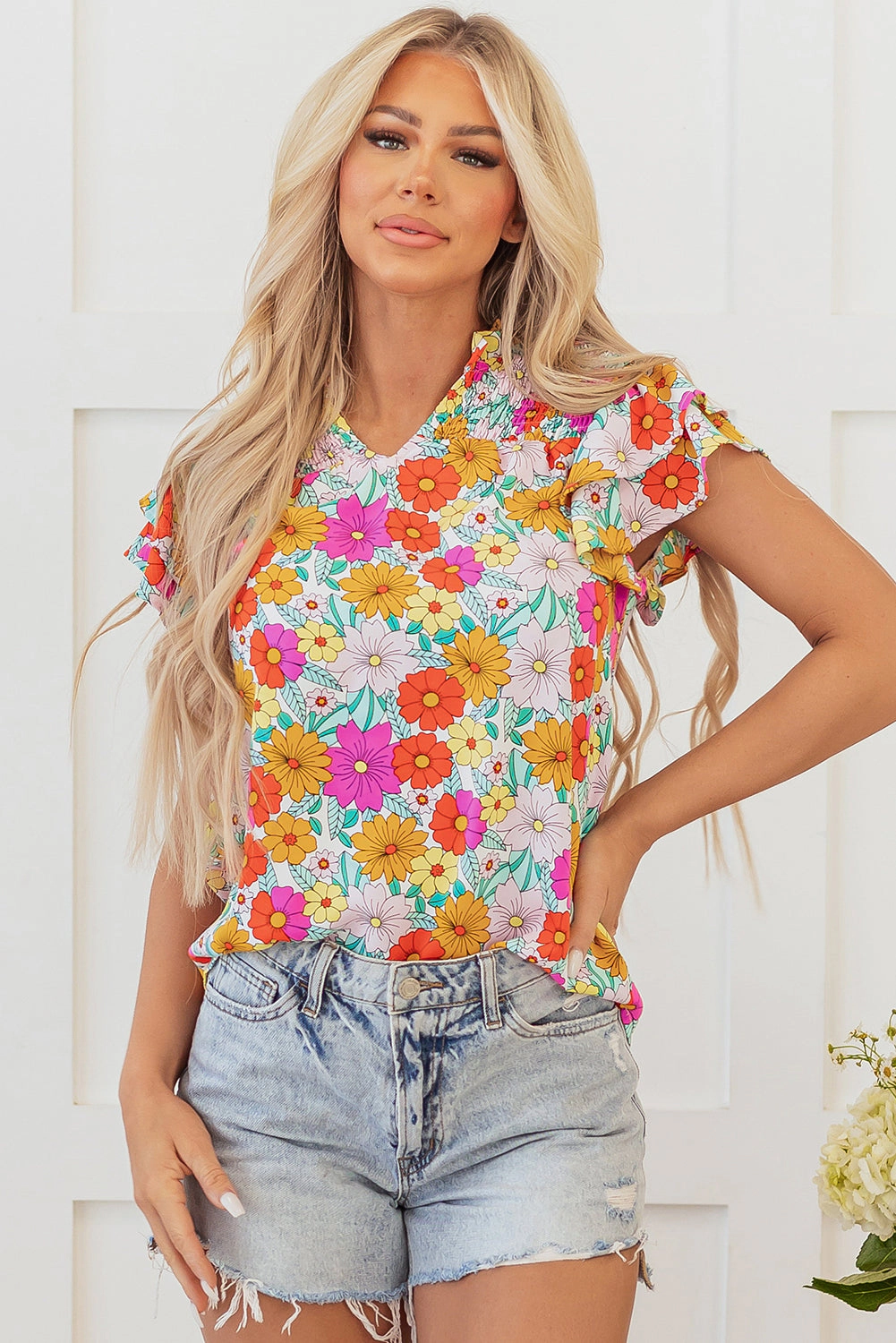 Threaded Pear Women's Leslie Floral Shirred Tiered Ruffled Sleeve Blouse