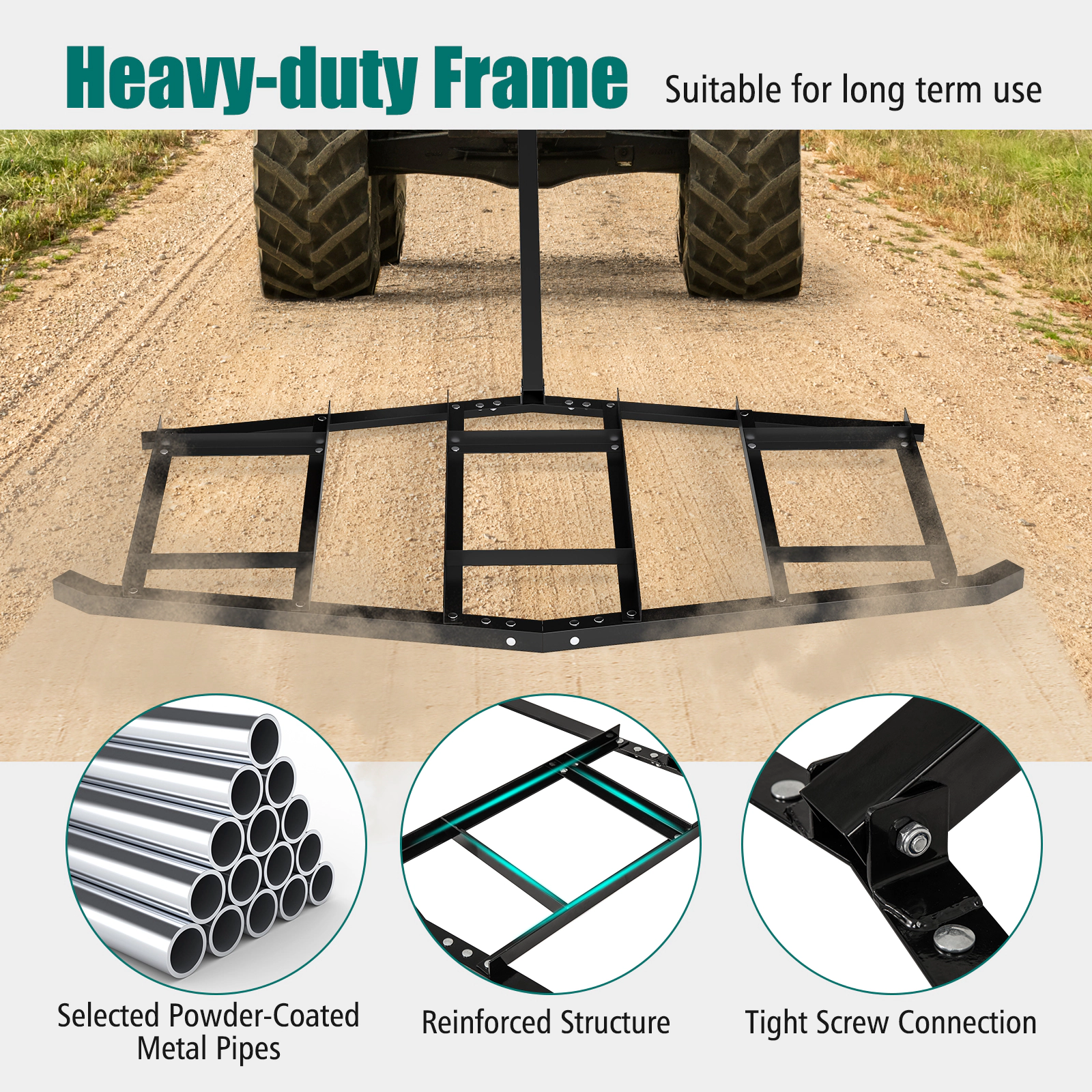 SUGIFT Black 84-in Wide Tow Behind Driveway Drag Landscape Leveling Rake with Reinforced Bars and Rod