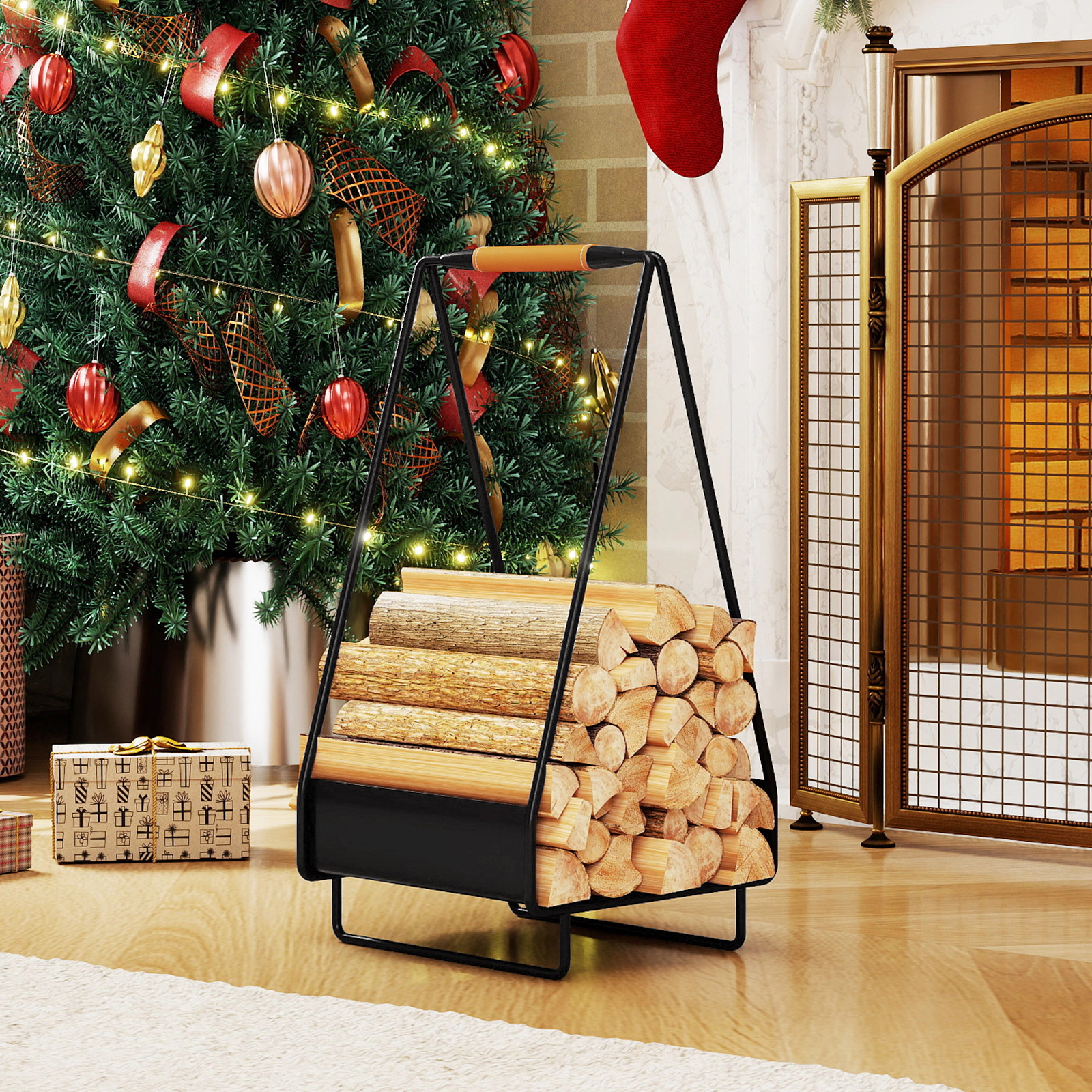 SUGIFT Metal Firewood Storage Rack with Triangle Frame 55-lb Capacity 24-in Tall Log Holder with Leather Handle