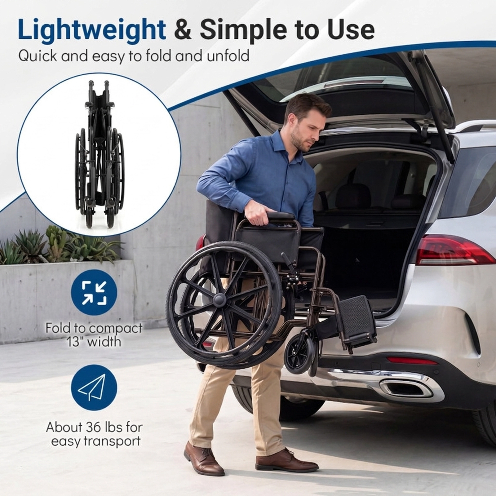 SUGIFT Black Folding Wheelchair with Swing-Away Footrests and Desk Arms 40-in W 26-in D 330-lb Seat Capacity