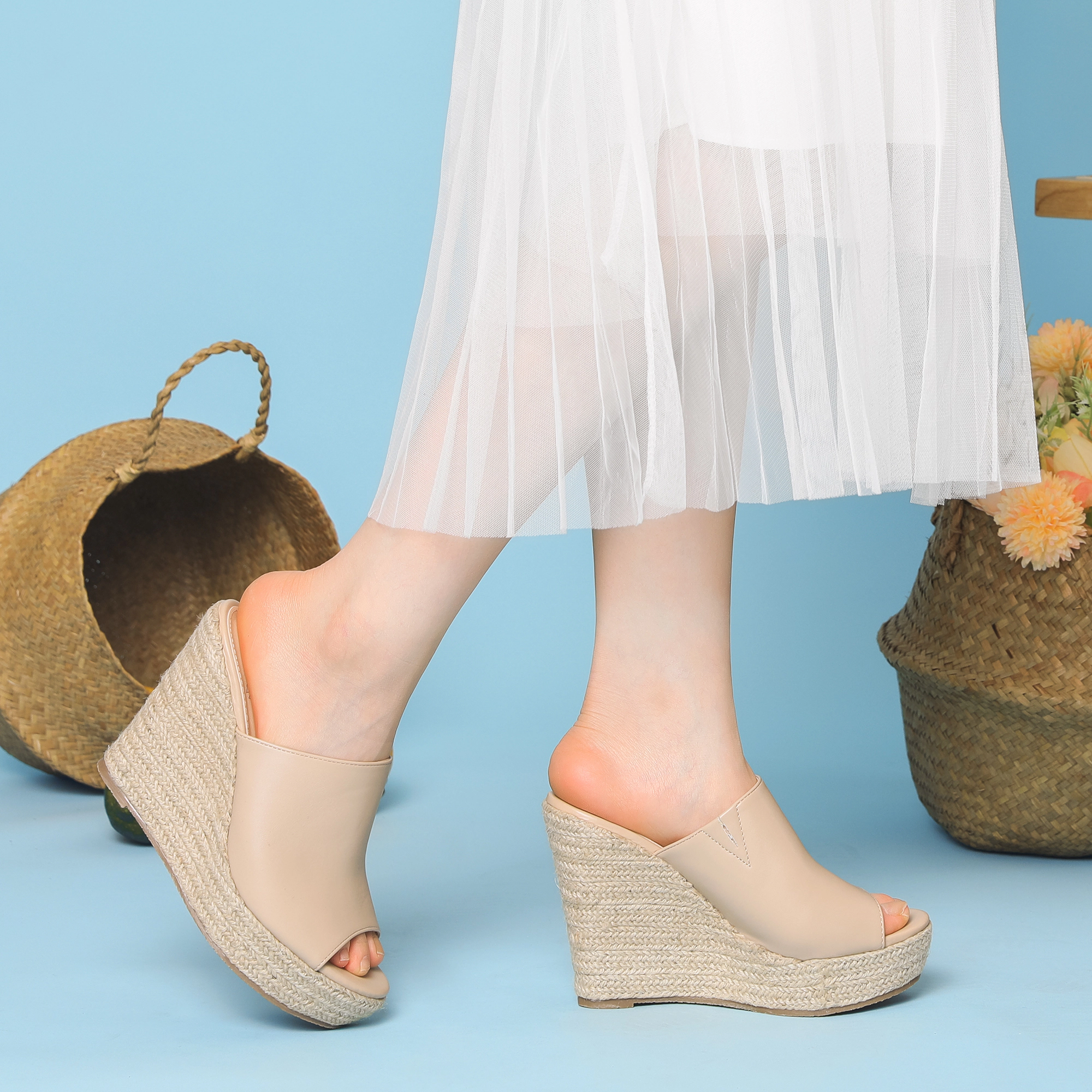 BLISSFUL STEP Women's Open Toe Espadrille Wedge Heel Platform Slide Sandals
