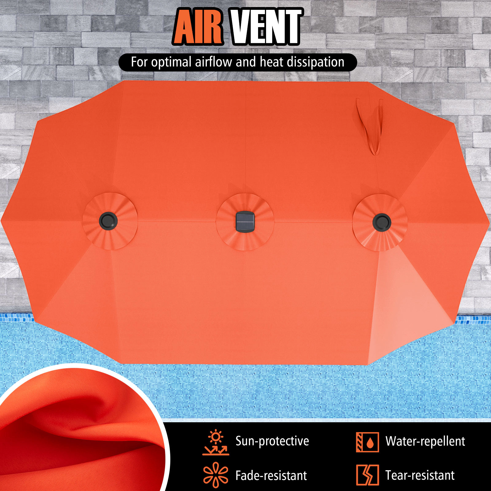 SUGIFT 15.5-ft Orange Rectangular Double-Sided Solar Patio Umbrella with 144 LED Lights and 12 Metal Ribs