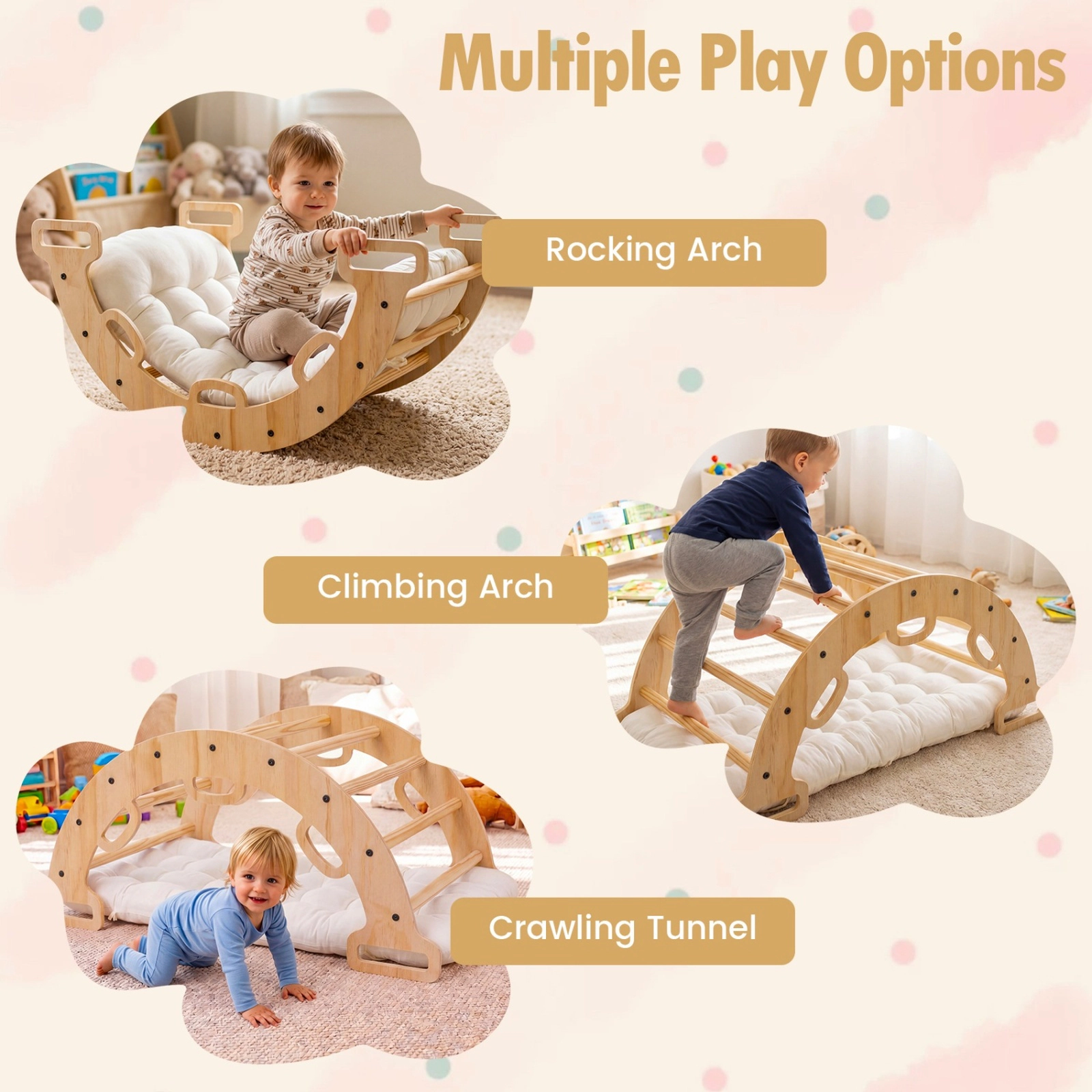 SUGIFT Natural Cushion Montessori Kids Climber and Rocker Wooden Rocking Climbing Arch