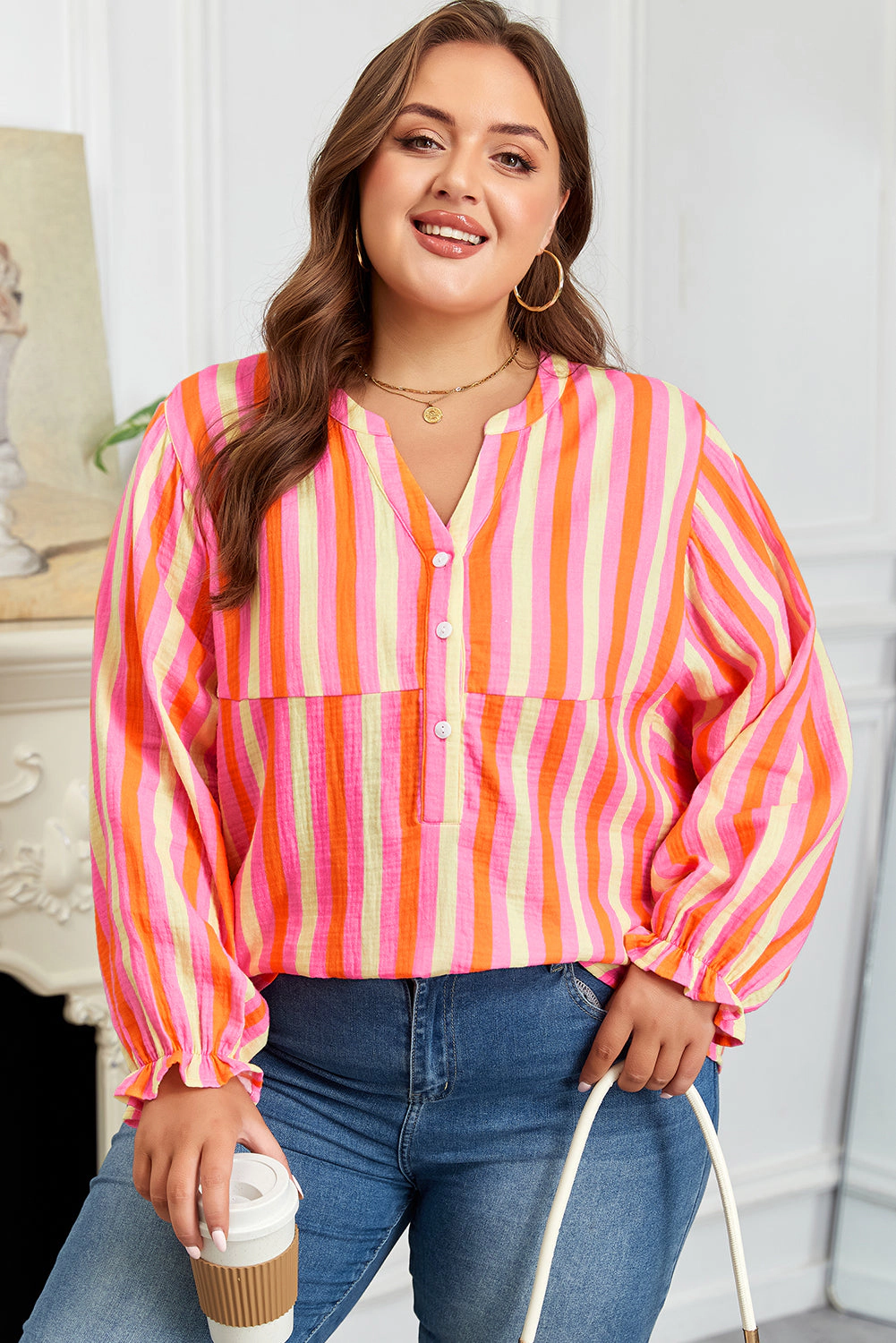 Threaded Pear Women's Teresa Stripe Crinkled Half PLUS Blouse