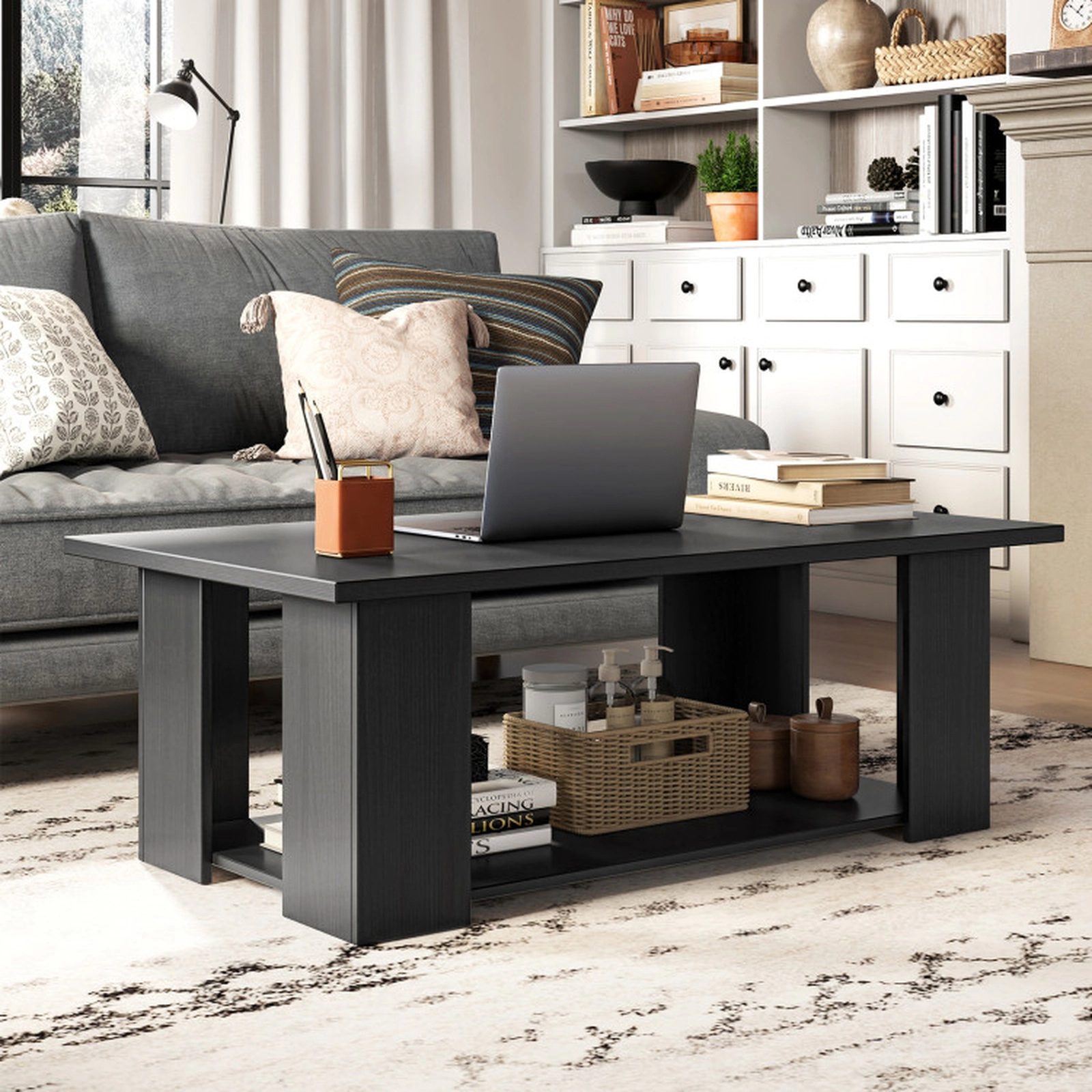 SUGIFT 41-in 210-lb Capacity Black 2-Tier Wooden Modern Coffee Table with Open Storage Shelf and Support Legs