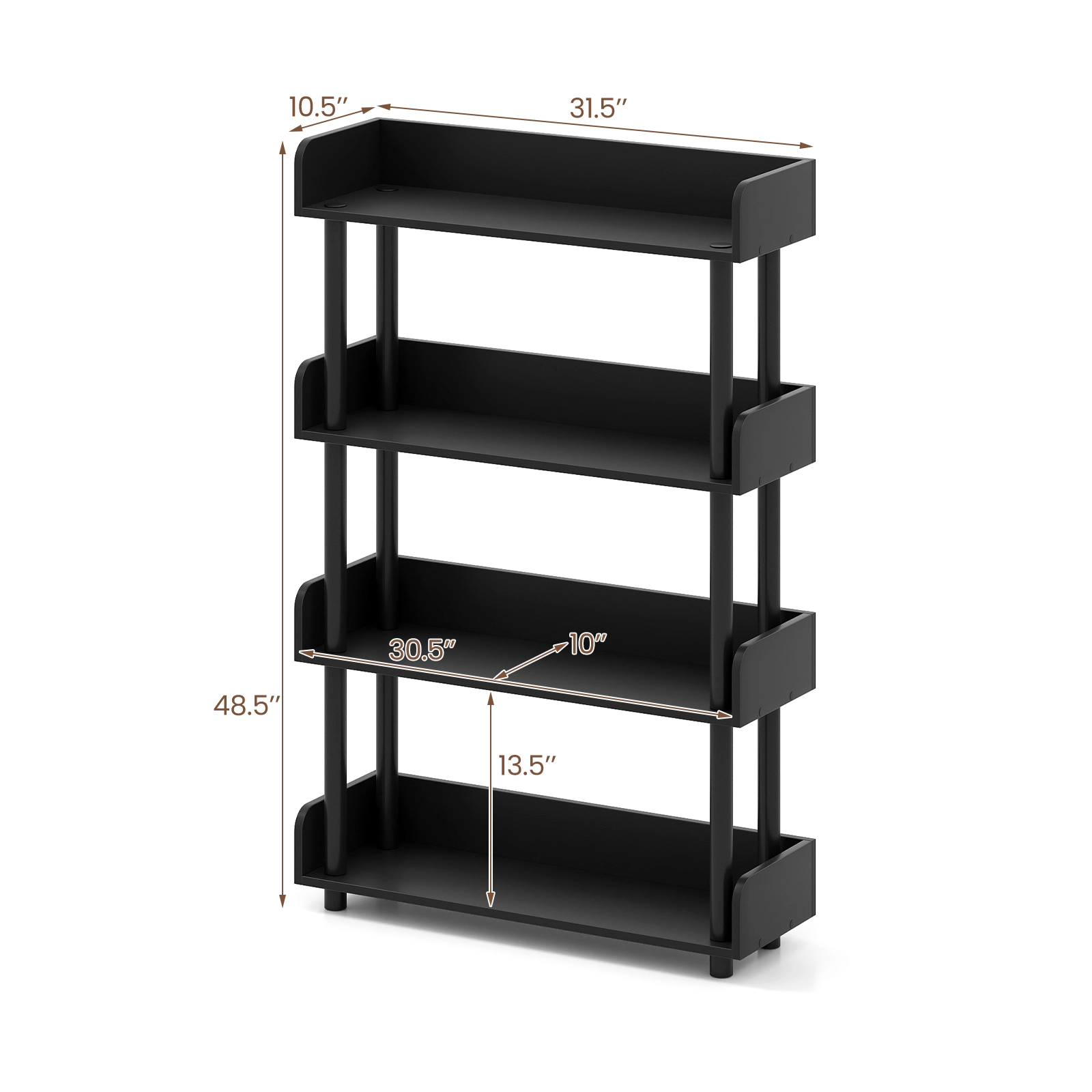 SUGIFT Black 4-Tier Open Bookcase with Anti-Tipping Kit and 4 in Guardrails