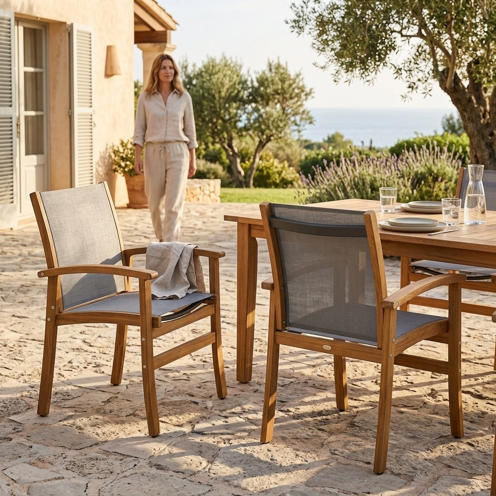 SUGIFT Set of 2 Patio Dining Chairs, Acacia Wood, Sling Fabric, Curved Arms, Natural Gray