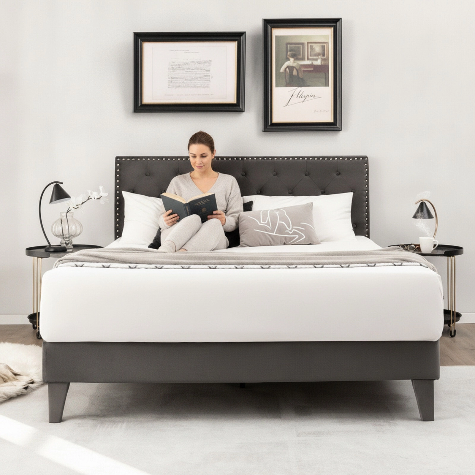 SUGIFT Queen Upholstered Platform Bed, Tufted Velvet Headboard, Metal Frame, 9 Legs, Gray