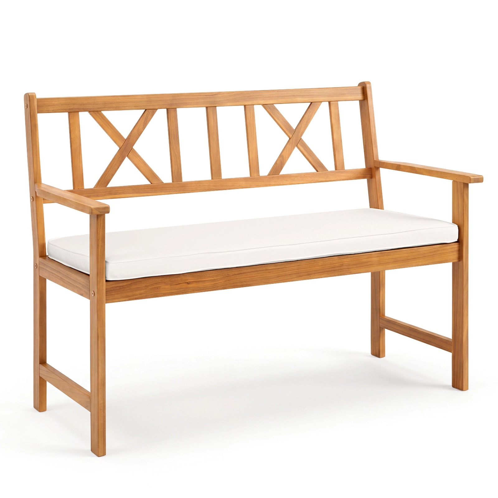 SUGIFT 2-Person Patio Garden Bench with Armrests & Removable Seat Cushion 800-Lb Capacity Natural Bench & White Cushion