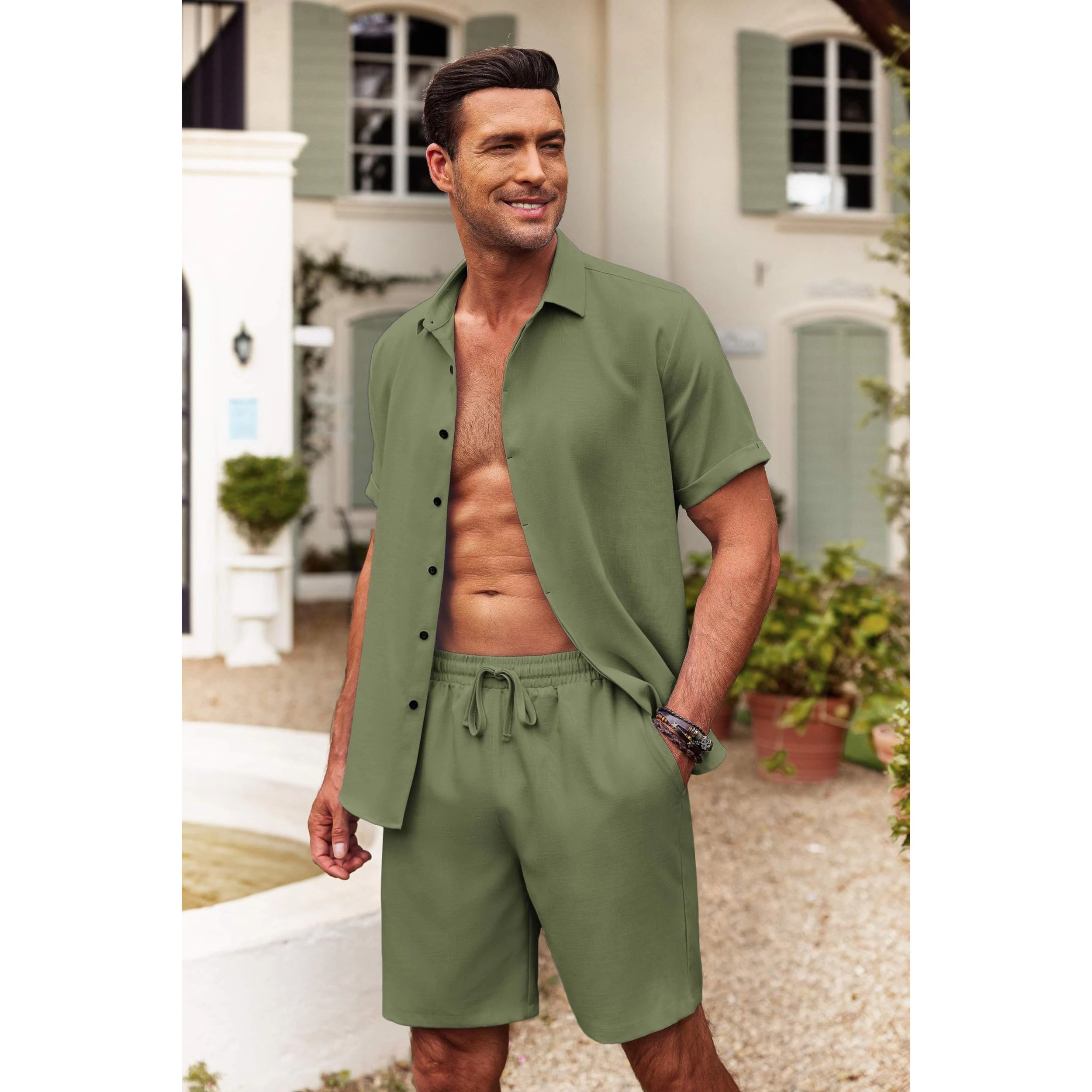 COOFANDY Men's Regular Fit Short Sleeve Button Down Shirt and Shorts Two Piece Set