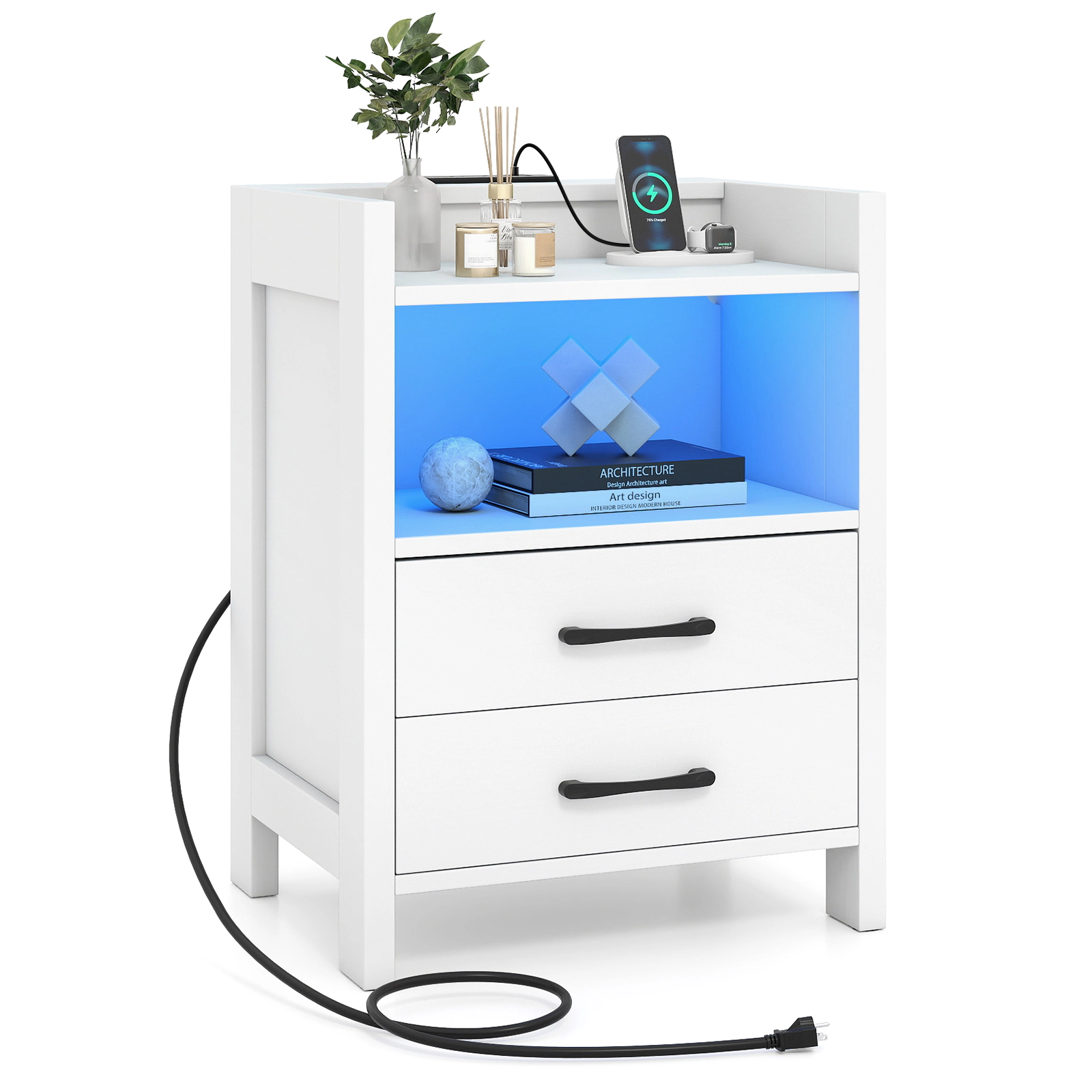 SUGIFT White 23.5-in LED Nightstand with Charging Station, 2 Drawers and Open Shelf